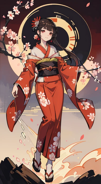 (obi, Nishijin ori, with obi fastening), (kimono in kimono with red furiso), opening the hem, (top quality, 8k, masterpiece: 1.3), beautiful woman with perfect figure: 1.4, dark brown hair, wearing pearl necklace and earrings, cherry blossoms, highly detailed face and skin, detailed eyes, double eyelids, chest / C cup, smile, full body, kimono accessories / drawstring bag