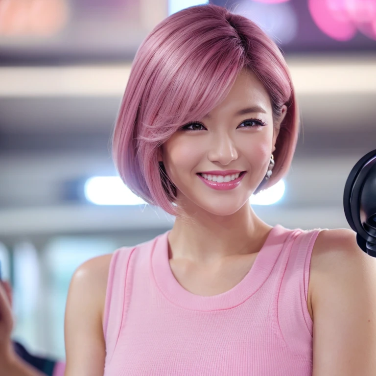 Female Announcer、White sleeveless、Eyes are perfect、Smiling kindly、pink lipsticks、Short Bob、