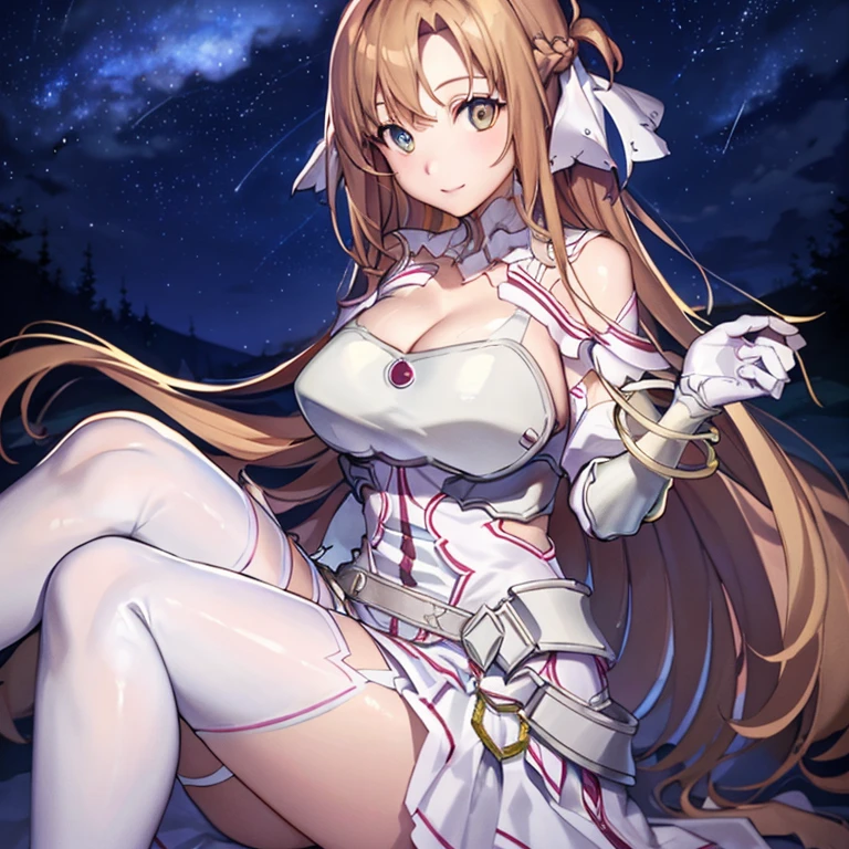 masterpiece, best quality, perfectanatomy,ultra detailed, stacia, 1girl, solo, large breasts, curvy body, good hands, (good legs), (good knees), (night sky, stars), long hair, breasts, looking at viewer, happy, bangs, brown hair, thighhighs, gloves, dress, cleavage, bare shoulders, brown eyes, very long hair, (sitting on a bench), crossing legs, white gloves, white dress, armor, white thighhighs, garter straps, white armor,