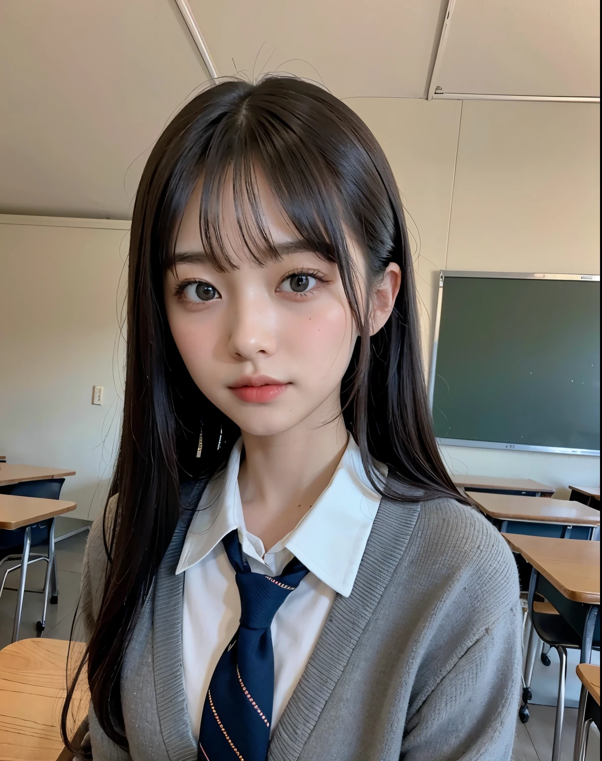 ((top-quality))、(​masterpiece:1.3)、Raw photography、8K、Top image quality、 Top resolution、Beautiful face in every detail、realisitic、Photorealsitic、Beautie、((Beautuful Women))、a small face、(Longhaire)、Straight hair、School uniform、High school girl uniform、(schools:1.3)、With bangs、‎Classroom、(28-year-old beauty)、Attractiveness of adult women