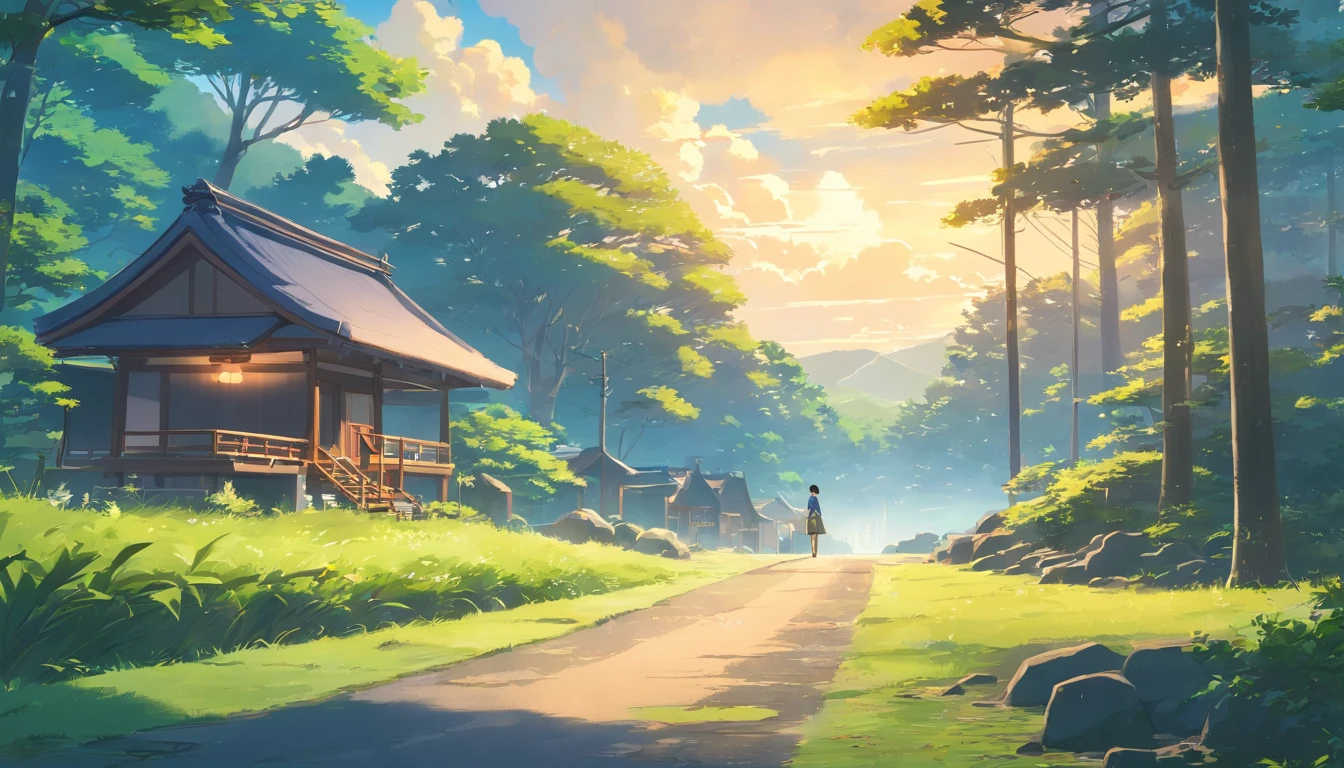landscapes, woods, village, well, sky, clouds, morning, Japanese feel 4K