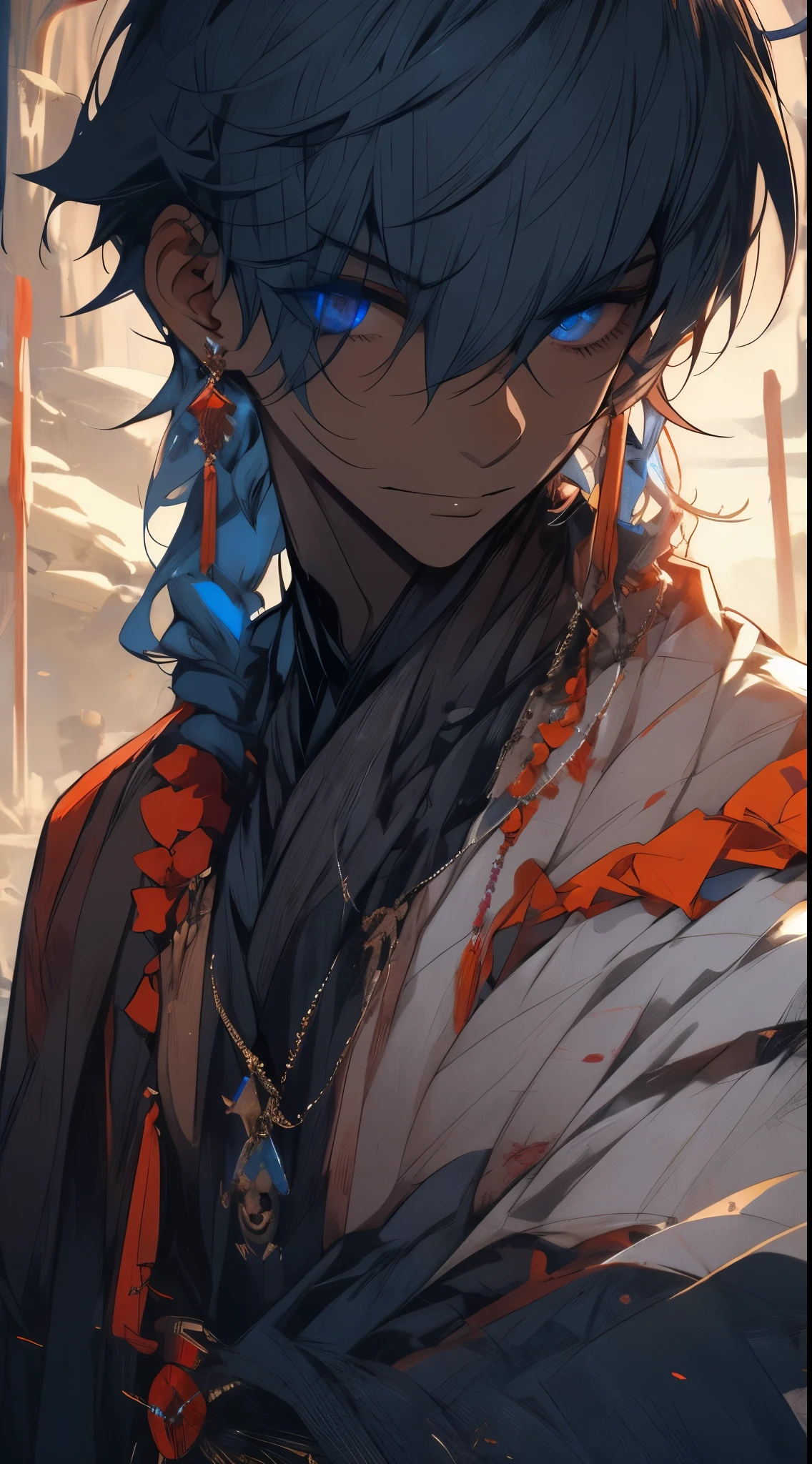 1 boy, {{{amazing quality, {very aesthetic},beautiful detailed eyes,((8K))}}}, black hair, red and blue odd eyes, in the desert, A wizard,1 boy, dark skin (jewelry and darkness),face focus