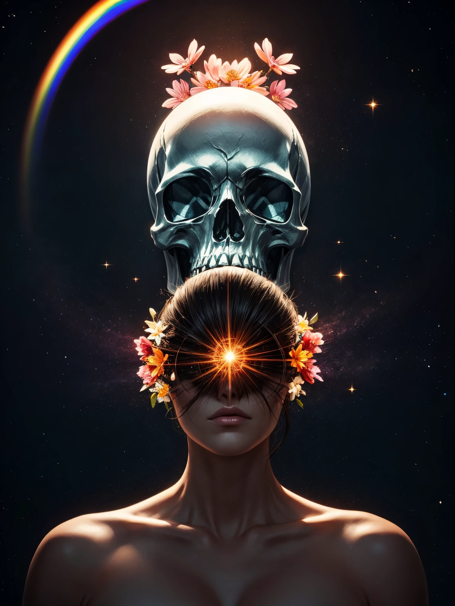 pixelated style,(glowing red,cross-shaped glow,blooming flowers)),interstellar misty background,polished,((silver skull)),light composition,rainbow,rainbow around the skull,vibrant,various structural power effect illustrations,glorious circular composition,alone,gbaportrait