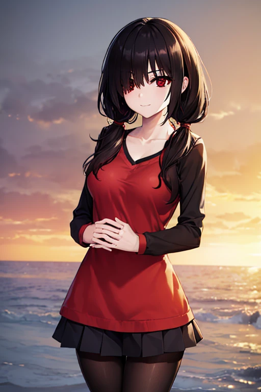 kurumitokisaki, tokisaki kurumi, (clock eyes:1.5), black hair, long hair, twintails, (hair over one eye:1.2), (red eyes:1.5), (medium breast:1.4), smile, spirit clothes, pantyhose, pleated skirt, black pantyhose, (cowboy shot:1.5),
BREAK (masterpiece:1.2), best quality, high resolution, unity 8k wallpaper, (illustration:0.8), (beautiful detailed eyes:1.6), extremely detailed face, perfect lighting, extremely detailed CG, (perfect hands, perfect anatomy), cute