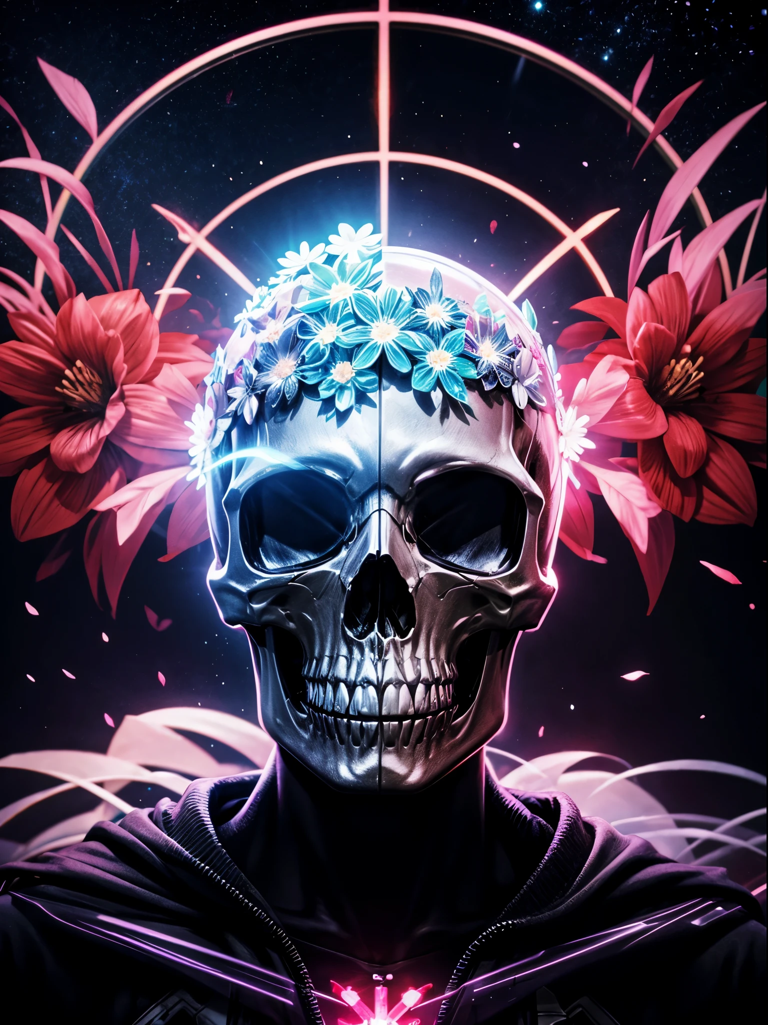 pixelated style,(glowing red,cross-shaped glow,blooming flowers)),interstellar misty background,polished,((silver skull)),light composition,rainbow,rainbow around the skull,vibrant,various structural power effect illustrations,glorious circular composition,alone,gbaportrait