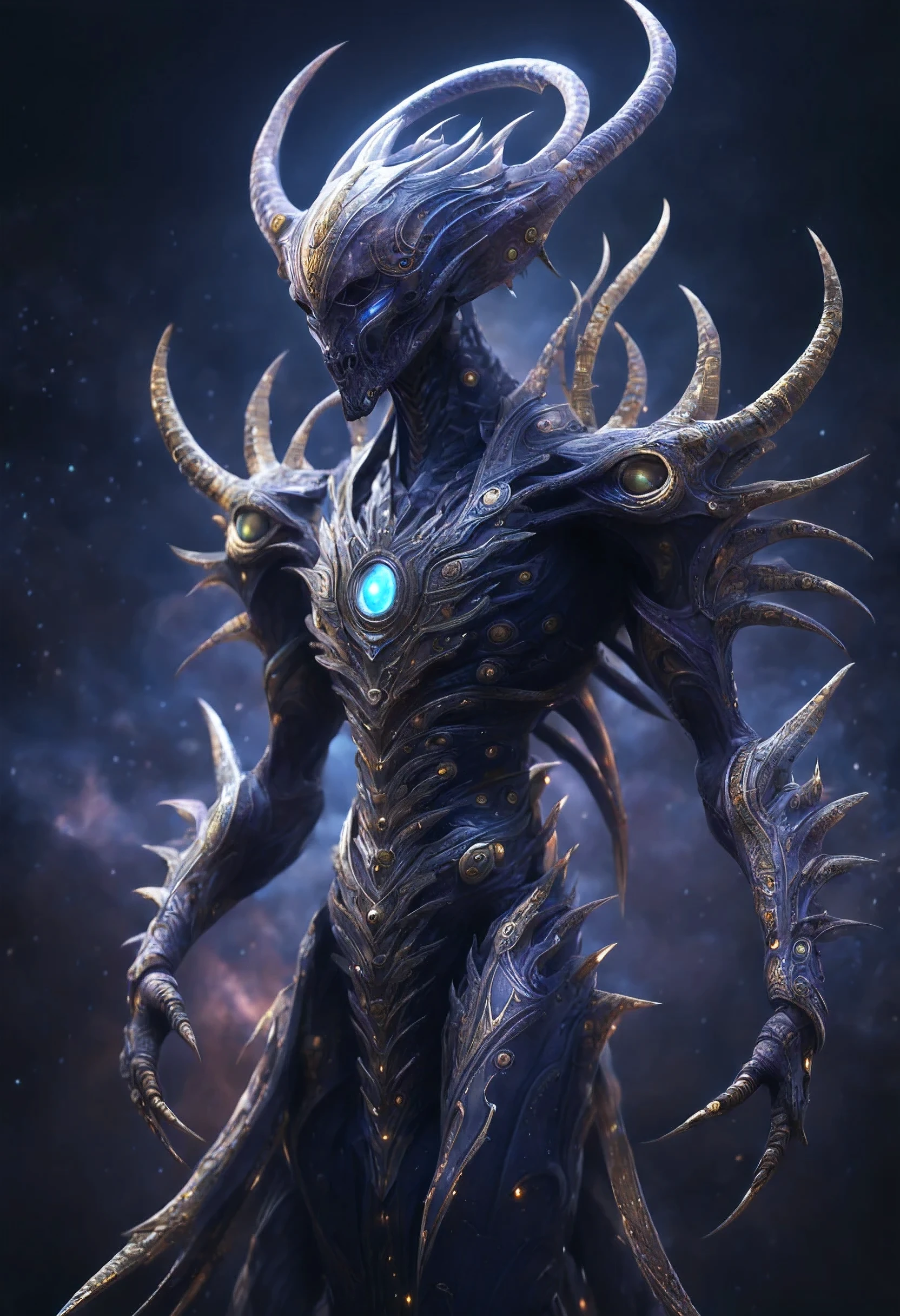 Zerg like creature,otherworldy, alien, non- humanoid, chitinous armored skin adorned with celestial patterns, Their countenance boasts multifaceted, iridescent eyes reflecting cosmic wonders, while serrated appendages evoke both elegance and ferocity, believed to manipulate cosmic forces. Bio-luminescent markings pulsate across their form, echoing cosmic rhythms, primal elegance, their form speaks of cosmic predation, bodyhorror, unrealengine 5, octane render, photographic