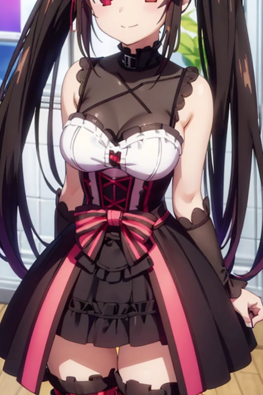 (((pixel-perfect, detail-perfect))), solo, 1girl,  kurumi tokisaki, twintails,  headband, dress, gothic, looking at viewer, smug