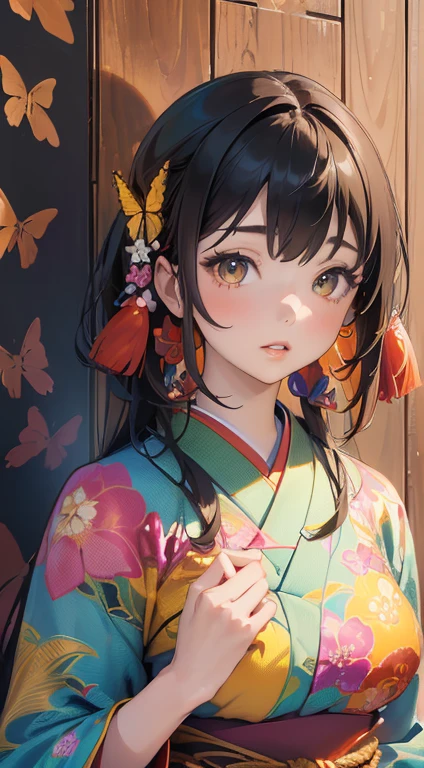 ((8k wallpaper of extremely detailed CG unit, ​masterpiece, hight resolution, top-quality, top-qualityのリアルテクスチャスキン)), ((a very beautiful woman, Plump lips, The upper part of the body, Japanese pattern haori,)), (messy black hair, de pele branca, Small), ((colorful wall with geometric pattern, Japanese pattern wall, warm color, butterflys, florals)), hyper realisitic, digitial painting,