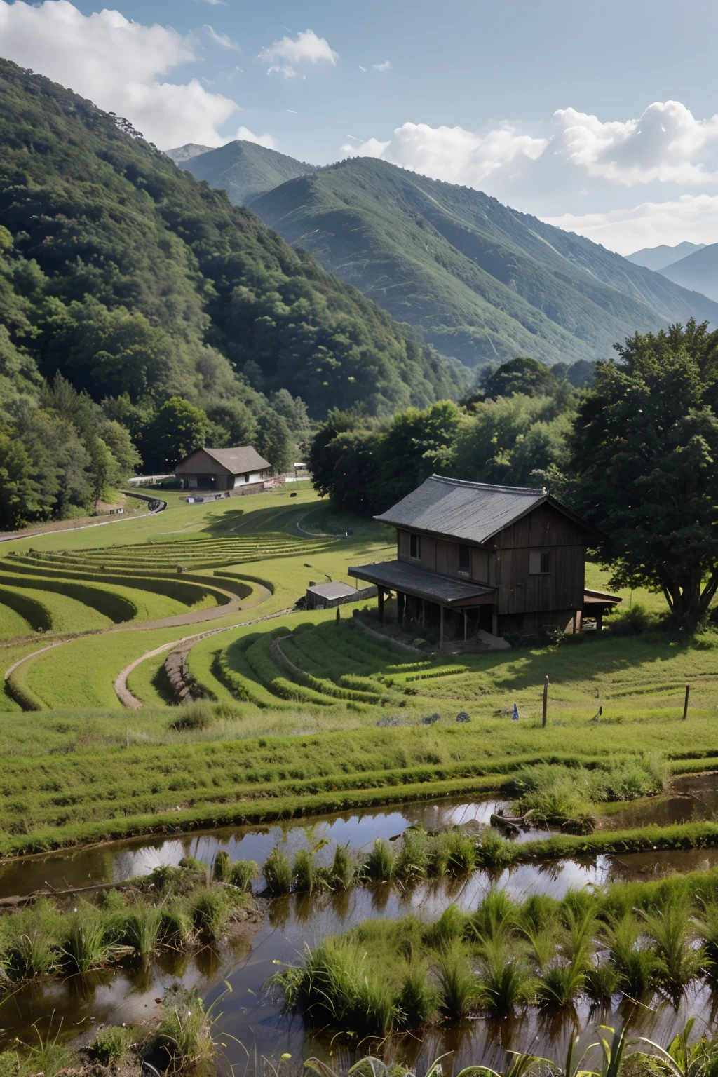 Rural view of mountain rice fields, ghibli style, hd, instagram, 4k