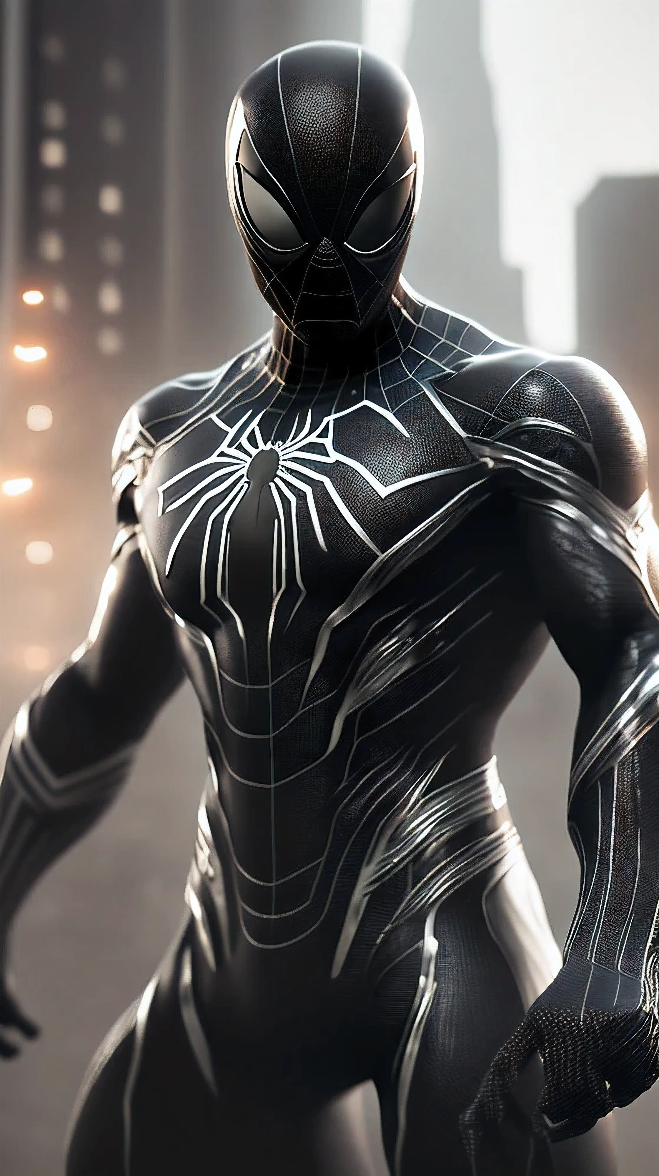 (8k, RAW photo, best quality, masterpiece: 1.2), ultra detailed, official art, photo-realistic: 1.37, spider man, black suit, spider in the center of your chest in white, organic looking clothing, gooey testura, symbiote, art, PS5 cinematic screenshot, highly detailed and detailed cinematic rendering, ultra photorealistic raytricing, with cinematic lightingaction pose