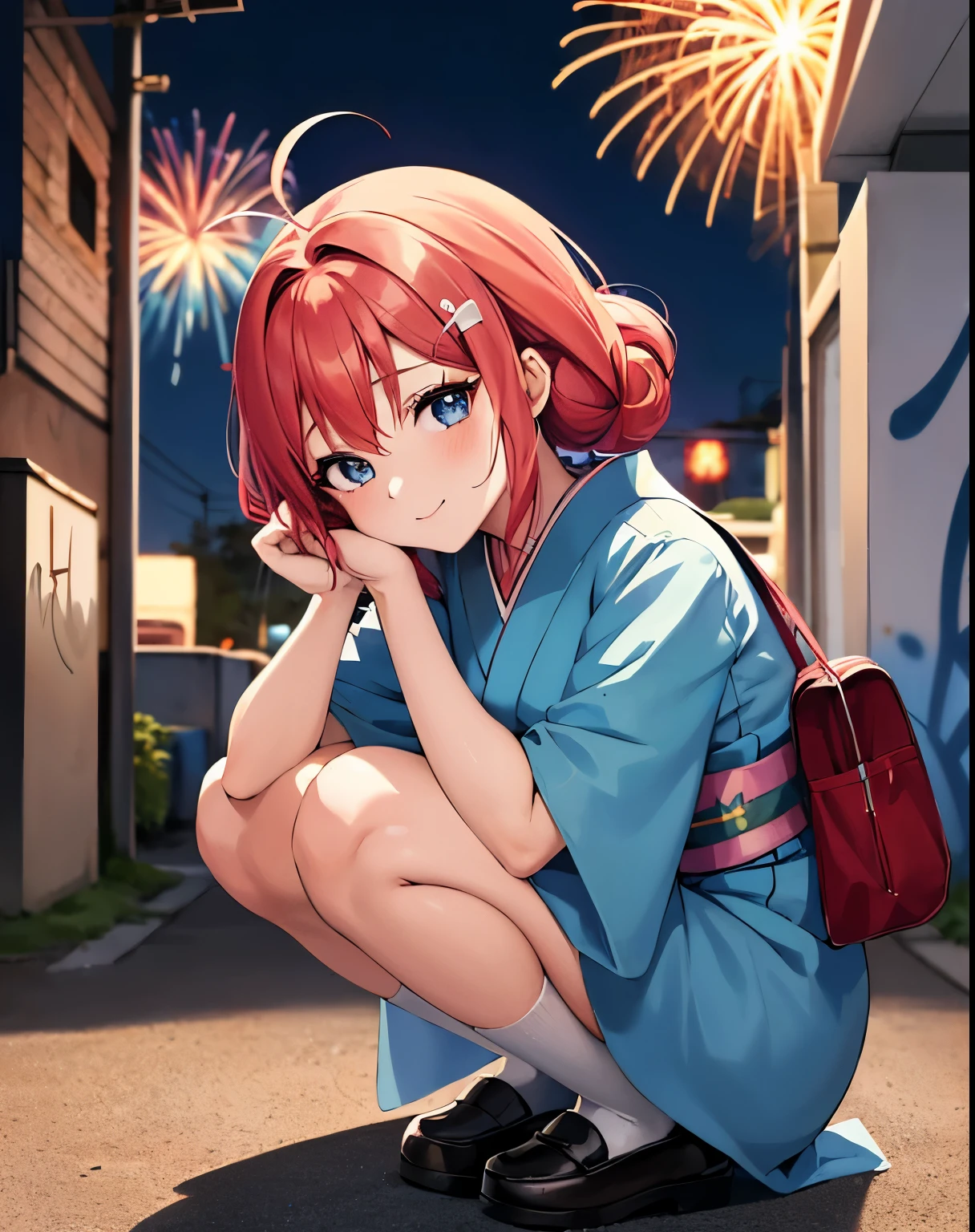 ((masterpiece)), anatomically correct, super detail, high details, high quality, best quality,a girl with red hair and blue eyes crouches down on the ground,(2 buns hair),((1 ahoge)),hair clip, anime visual of a cute girl, cute anime girl, young anime girl, (anime girl), the anime girl is crouching, beautiful anime girl squatting, anime best girl, an anime girl,(akari feature), beautiful anime high school girl, anime moe artstyle,looking at viewer,little smile,(blue eyes),((light blue kimono)),white socks,cowboy shot,outdoor, night time,(night footpath), ((firework background)),(graffiti:1.2),(graffiti wall), ((hand with firework)),handbag