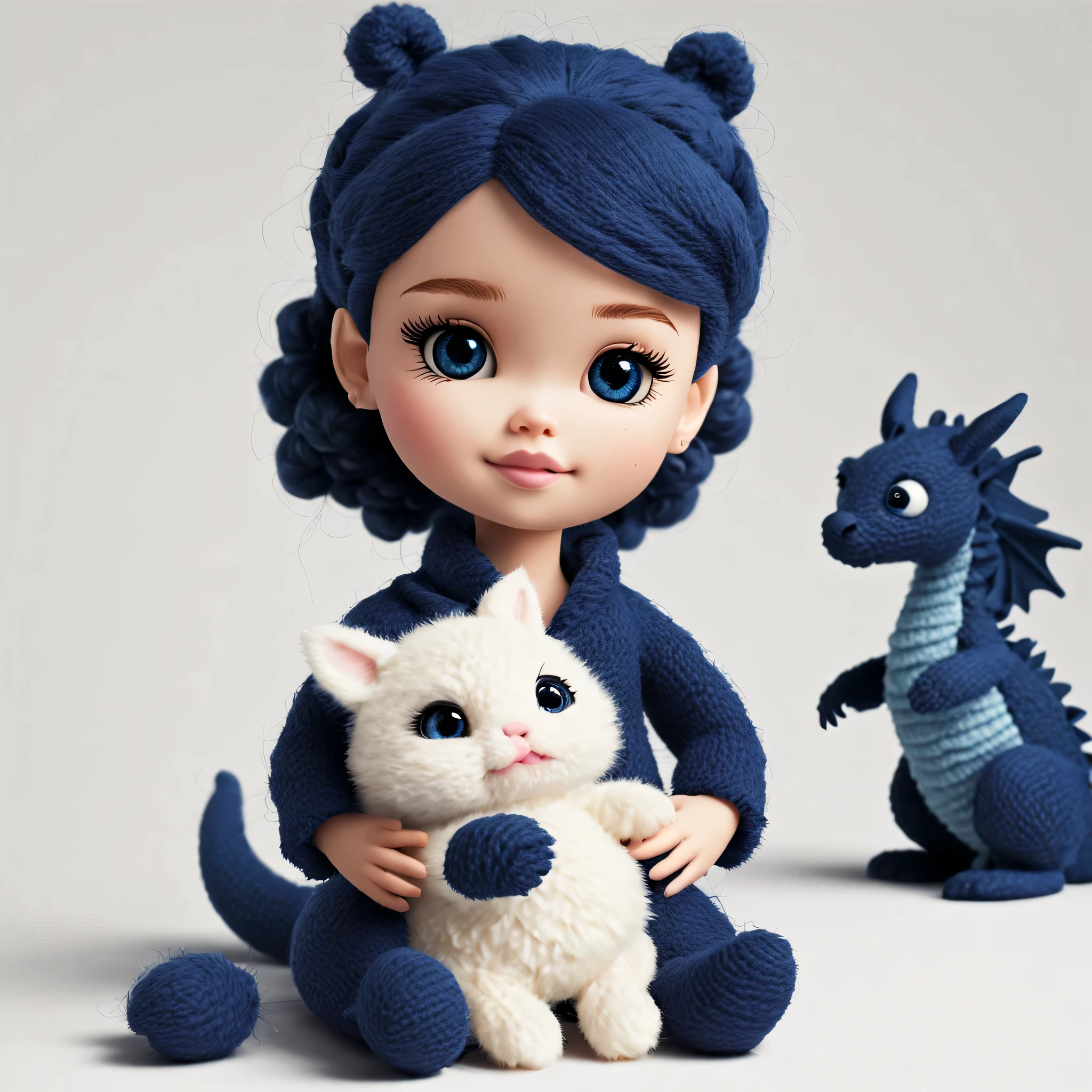 （Plush toy design），Naughty and cute Barbie doll and little dragon，（wool craft），Fluffy ，Cute 3d rendering，Background with：Dark blue and off-white，Cute and detailed digital art，Miniature feeling，stylized 3d render，3d rendered figure art 8k，lovely digital painting，Anime style 3D，Ultra-detailed rendering