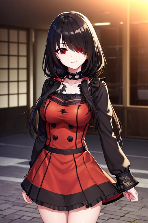 kurumitokisaki, tokisaki kurumi, (clock eyes:1.5), black hair, long hair, twintails, (hair over one eye:1.2), (red eyes:1.5), (medium breast:1.4), smug smile, dress, gothic, pantyhose, pleated skirt, black pantyhose, (cowboy shot:1.5),(masterpiece:1.2), best quality, high resolution, unity 8k wallpaper, (illustration:0.8), (beautiful detailed eyes:1.6), extremely detailed face, perfect lighting, extremely detailed CG, (perfect hands, perfect anatomy), cute