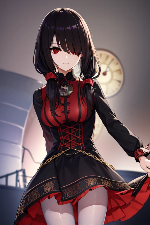 kurumitokisaki, tokisaki kurumi, (clock eyes:1.5), black hair, long hair, twintails, (hair over one eye:1.2), (red eyes:1.5), (medium breast:1.4), smug smile, dress, gothic, pantyhose, pleated skirt, black pantyhose, (cowboy shot:1.5),(masterpiece:1.2), best quality, high resolution, unity 8k wallpaper, (illustration:0.8), (beautiful detailed eyes:1.6), extremely detailed face, perfect lighting, extremely detailed CG, (perfect hands, perfect anatomy), cute