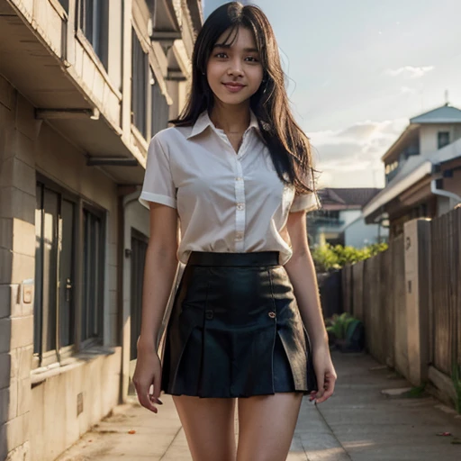 (top-quality,8K picture quality,masterpiece:1.3),(A high resolution,Photorealsitic:1.4,Raw photography),(ultra-detailliert,Caustics,Detailed background),(Ultra-realistic capture,Beautifully detailed skin,perfect anatomia),at the sunset,Sunset sky,school buildings,school ground,18year old ,Kawaii,Single eyelid,Black hair short messy ,Unbutton, See through shirt, School Uniform, Short skirt, Looking at the camera,A smile,Bust-up full body shot,natural soft light, Flirty looking, Long legs, Malay looking