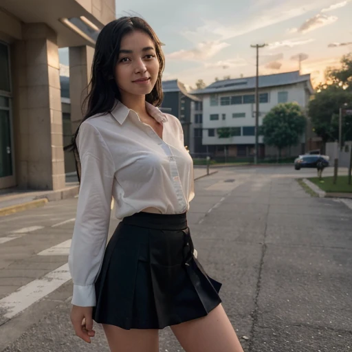 (top-quality,8K picture quality,​masterpiece:1.3),(A high resolution,Photorealsitic:1.4,Raw photography),(ultra-detailliert,Caustics,Detailed background),(Ultra-realistic capture,Beautifully detailed skin,perfect anatomia),at the sunset,Sunset sky,school buildings,school ground,18year old ,Kawaii,Single eyelid,Black hair short messy ,Unbutton, See through shirt, School Uniform, Short skirt, Looking at the camera,A smile,Bust-up full body shot,natural soft light, Flirty looking, Long legs, Malay looking