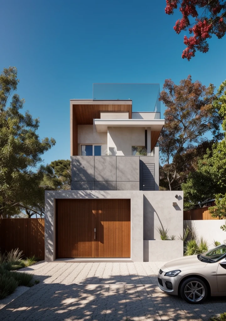 Surreal eye-level exterior of a mid-century modern home overlooking the beach. daylight, indirect light House, wood, Chile, Dawn