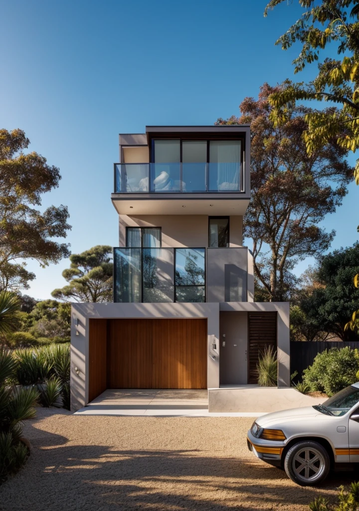 Surreal eye-level exterior of a mid-century modern home overlooking the beach. daylight, indirect light House, wood, Chile, Dawn