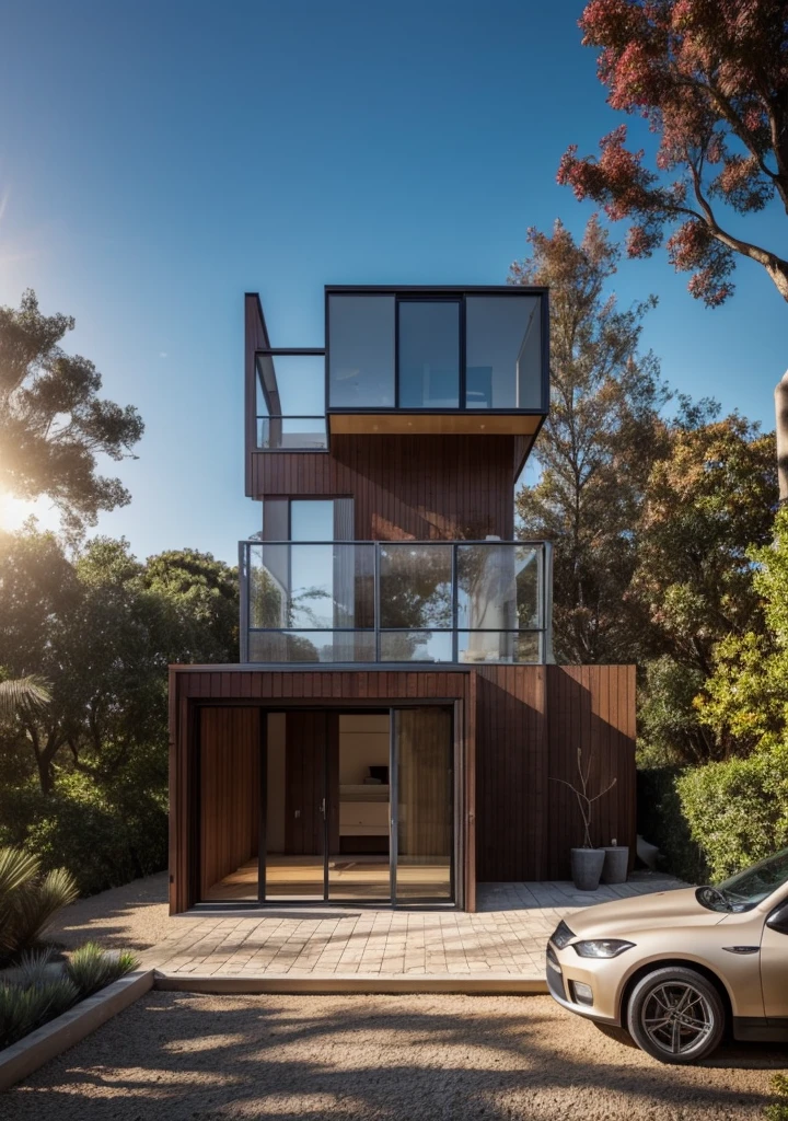 Surreal eye-level exterior of a mid-century modern home overlooking the beach. daylight, indirect light House, wood, Chile, Dawn