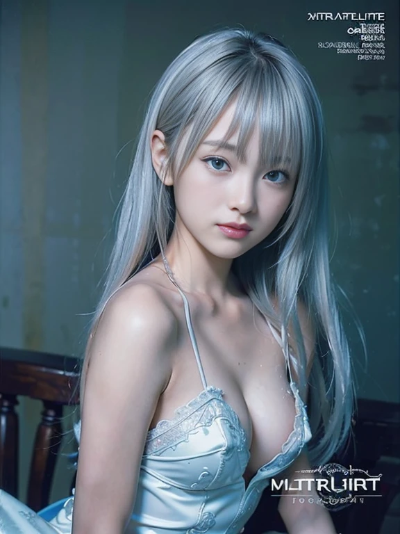 Light smile、natta、Raw photography、(((Portrait of extreme beauty)))、((glistning skin))、1人、16 autiful girl in Prague、bright expression、((platinum-hair))、[Big blue eyes that shine like jewels]、Glossy glossy skin、Silky Super Long Straight Hair、eye liner、Beautiful bangs、Hair between the eyes、((​masterpiece、top-quality、ultra-detailliert、Film Light、intricate-detail、hight resolution、ighly detailed))、细致背景、8KUHD、Digital SLR、Soft light、hightquality、Film grain、FujifilmXT3 、Shallow depth of field、natural soft light、（No hands）、Kamimei、Lush bust