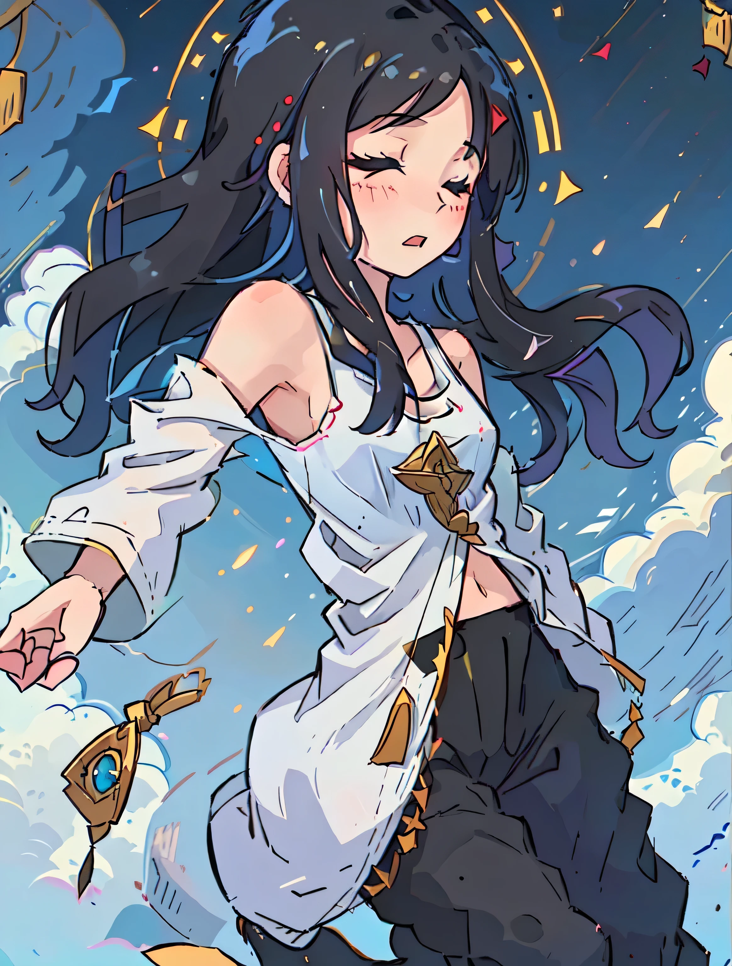 强调女孩Pray to the sky的场景. one-girl. Pray to the sky. Medium length black hair,With his eyes closed. Description of a girl wearing a tank top and slacks, Highlight her casual style. Describe the look on her face when she prays, May depict piety or contemplation. depict an open sky, There may be clouds or starry nights, to highlight the atmosphere of prayer.