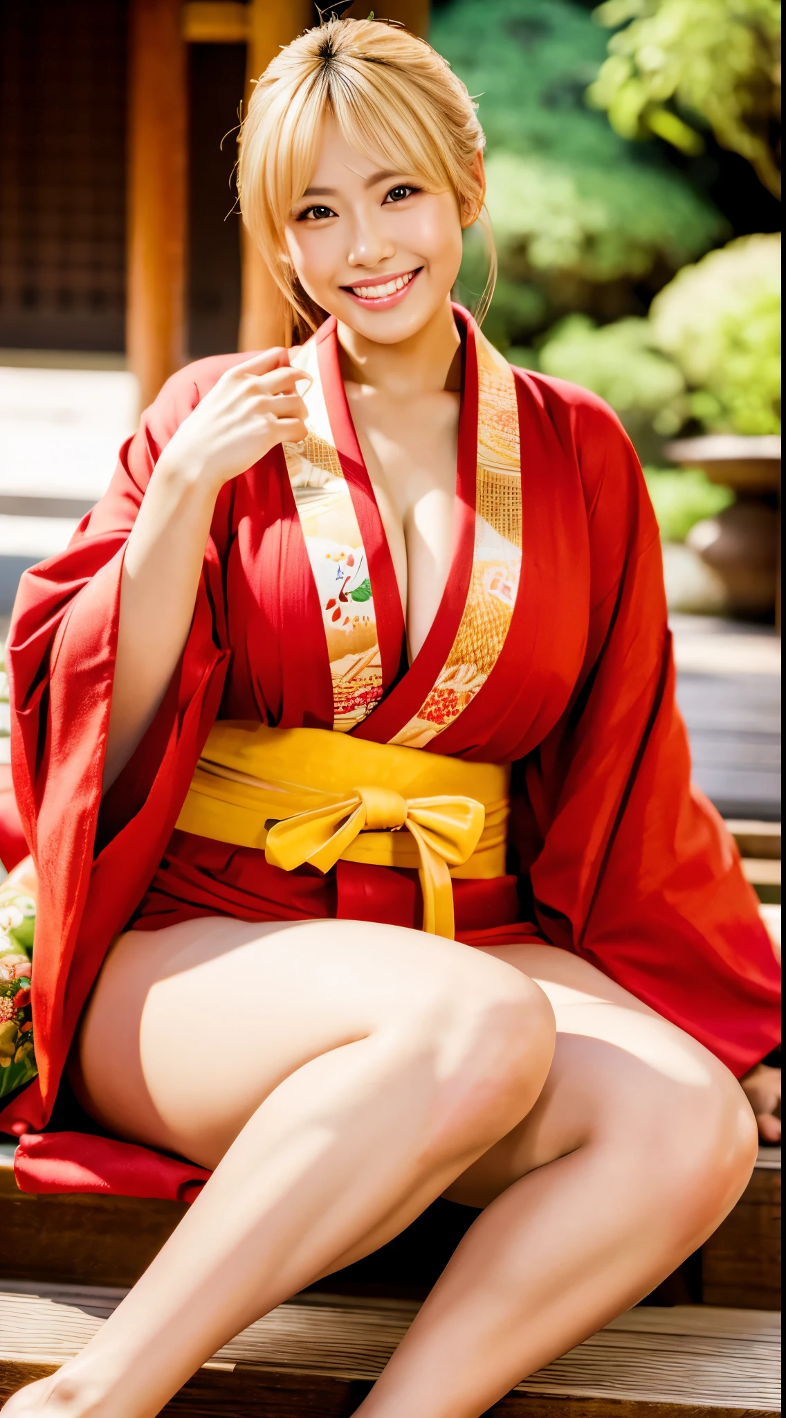 Araffe asian woman in a kimono sitting on a bench - SeaArt AI