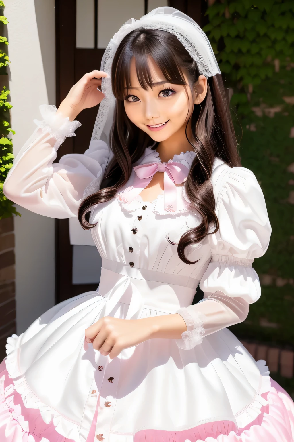 (White and pink theme:1.3), (Gothic, Cute, Classic fashion:1.2), (White classic bonnet on head:1.4), (White Long Sleeve Ball Gown:1.4), (puff sleeves:1.3), ((crinoline, Multi-layer skirt) with frilld:1.4), (Lacing to the waist cincher:1.2), ((Pink ribbon, frilld):1.3), (Pink and White Argyle Pattern Over Knee Socks:1.3), (Loafers with ribbon:1.2), Straight long black hair, bangss, s lips、out makeup、short eyelashes、watching at viewers、A smile、Photorealsitic、high-level image quality、masutepiece, Best Quality, 8K, Beautie、Fine details