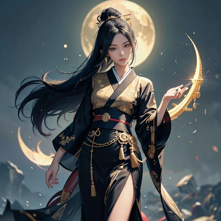 watching at viewers、Ancient capital and moon in the background、poneyTail、Woman with shiny black hair、{{{Luxury kimono(Black kimono(Detailed golden embroidery,))}}}、face perfect,Depict a beautiful and graceful woman of Japan。Heart in the eye。full body Esbian。 Wallpaper 8K, .Blur the background with a sickle,((masutepiece)), ((Best Quality))