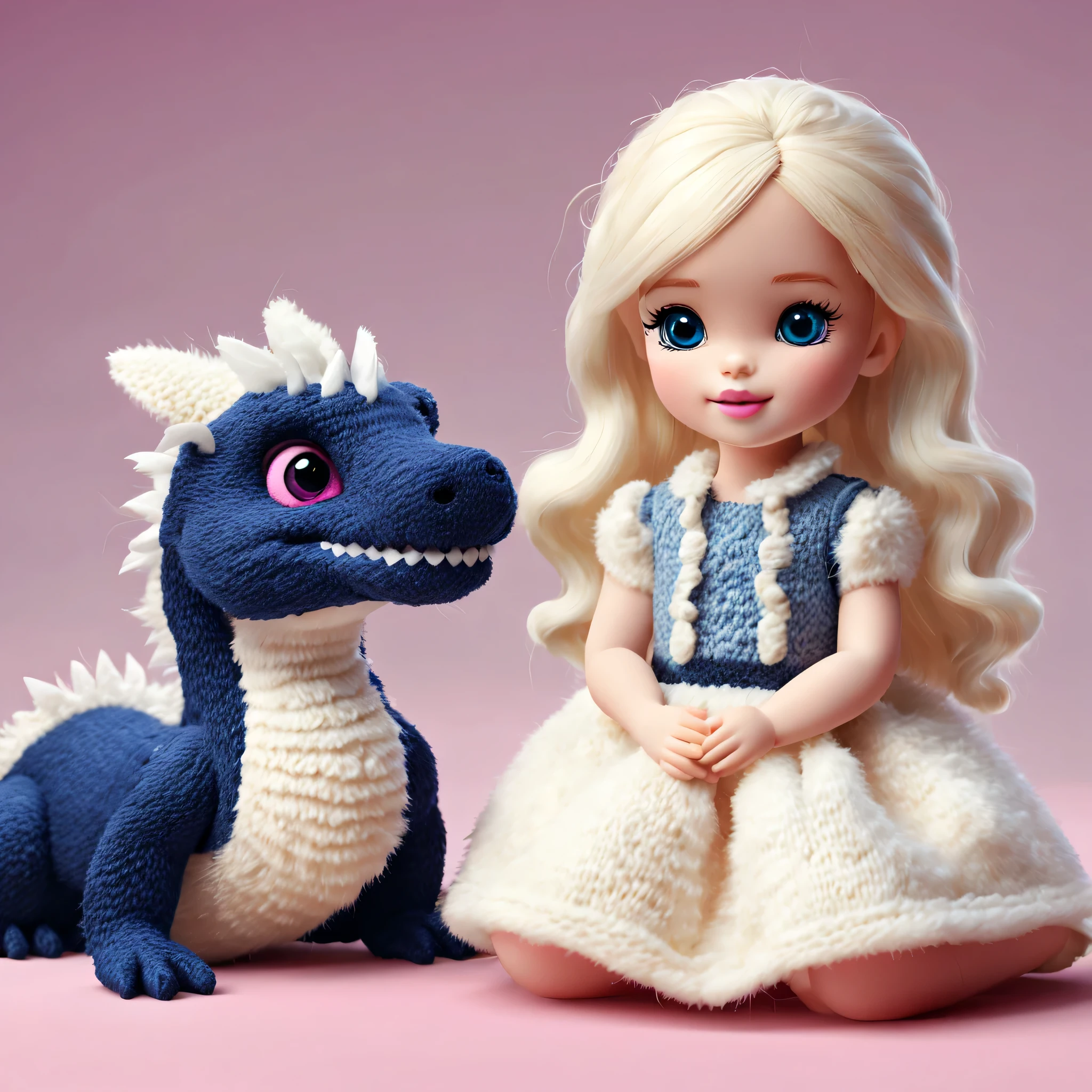 (Plush toy design),Naughty and cute Barbie doll and little dragon,(wool craft),Fluffy ,Cute 3d rendering,Background with:Dark blue and off-white,Cute and detailed digital art,Miniature feeling,stylized 3d render,3d rendered figure art 8k,lovely digital painting,Anime style 3D,Ultra-detailed rendering