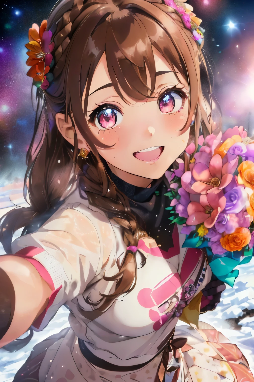 (Brown hair),(Braided shorthair),(With bangs),(Brown eyes:1.25),Slight red tide,(Her eyes are sparkling:1.2),(Eye size:1.7),(gloves:1.5),(messy and messy hair:1.2),(voluminous clothes with cute designs:1.4),(active movement:1.4),(place々Idol clothes with lace:1.3),(Asymmetrical skirt:1.25),(Happy smile:1.1),(Smiling smile:1.15),(A space full of flowers:1.25),(Accessories shaped like flowers or colored tape:1.3),(close up of face:1.25),(キラキラ輝く華やかな雰囲気の場place),(warm winter coat:1.3),(muffler:1.3),(Have a large bouquet:1.35),