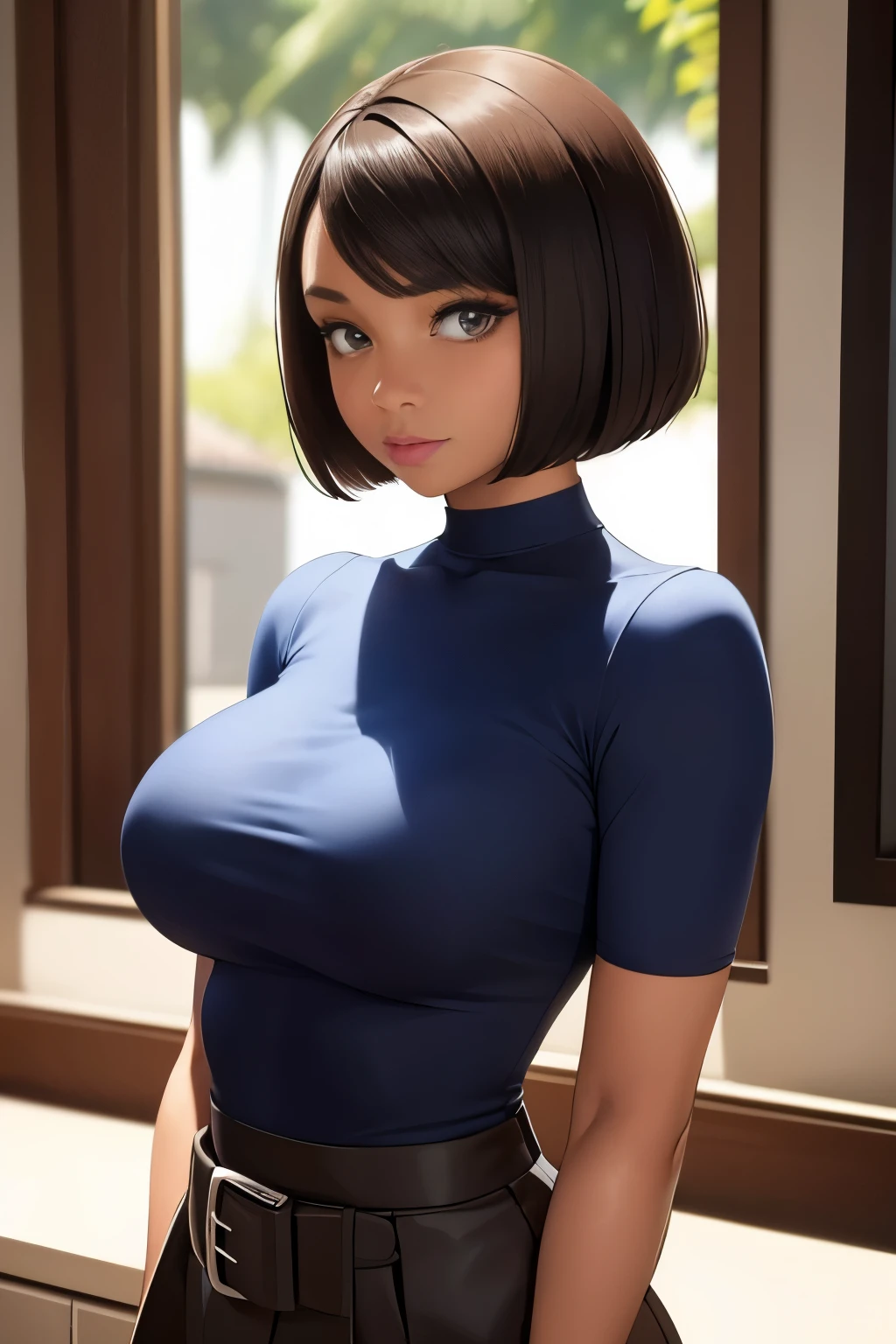 Beautiful young woman, Beautiful round breasts,Brown skin,Bust Up Front,beautiful upturned chest,big breasts thin waist,short-hair,bob cuts,Gal ,Upper body