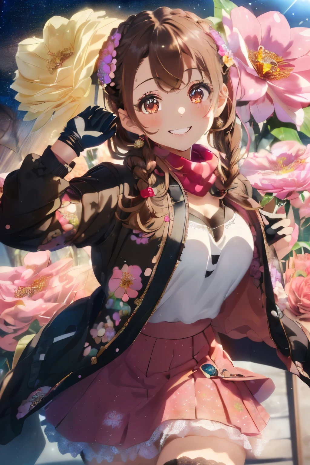 (Brown hair),(Braided shorthair),(With bangs),(Brown eyes:1.25),Slight red tide,(Her eyes are sparkling:1.2),(Eye size:1.7),(gloves:1.5),(messy and messy hair:1.2),(voluminous clothes with cute designs:1.4),(active movement:1.4),(place々Idol clothes with lace:1.3),(Asymmetrical skirt:1.25),(Happy smile:1.1),(Smiling smile:1.15),(A space full of flowers:1.25),(Accessories shaped like flowers or colored tape:1.3),(close up of face:1.25),(キラキラ輝く華やかな雰囲気の場place),(warm winter coat:1.3),(muffler:1.3),(Have a large bouquet:1.35),