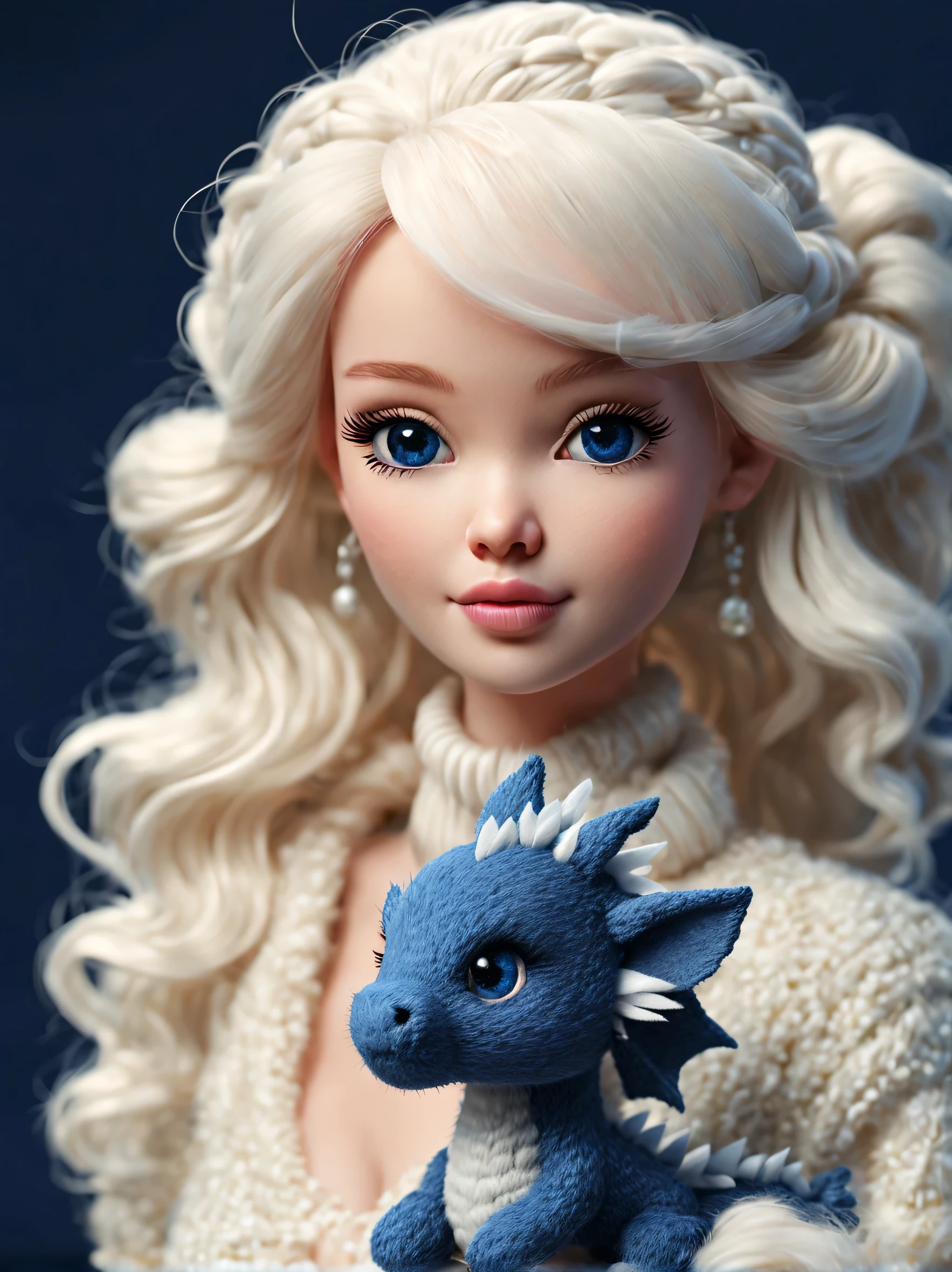 （Plush toy design），Naughty and cute Barbie doll and little dragon，（wool craft），Fluffy ，Cute 3d rendering，Background with：Dark blue and off-white，Cute and detailed digital art，Miniature feeling，stylized 3d render，3d rendered figure art 8k，lovely digital painting，Anime style 3D，Ultra-detailed rendering