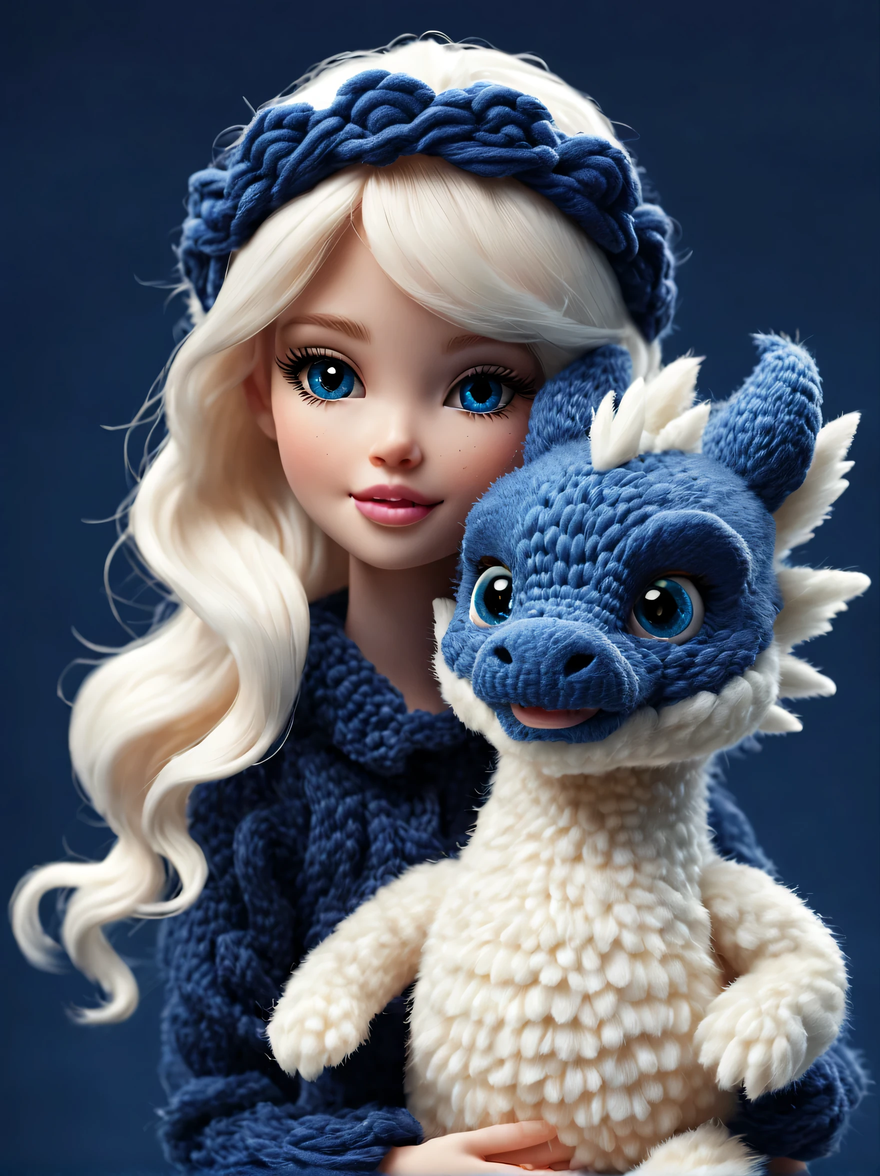 （Plush toy design），Naughty and cute Barbie doll and little dragon，（wool craft），Fluffy ，Cute 3d rendering，Background with：Dark blue and off-white，Cute and detailed digital art，Miniature feeling，stylized 3d render，3d rendered figure art 8k，lovely digital painting，Anime style 3D，Ultra-detailed rendering