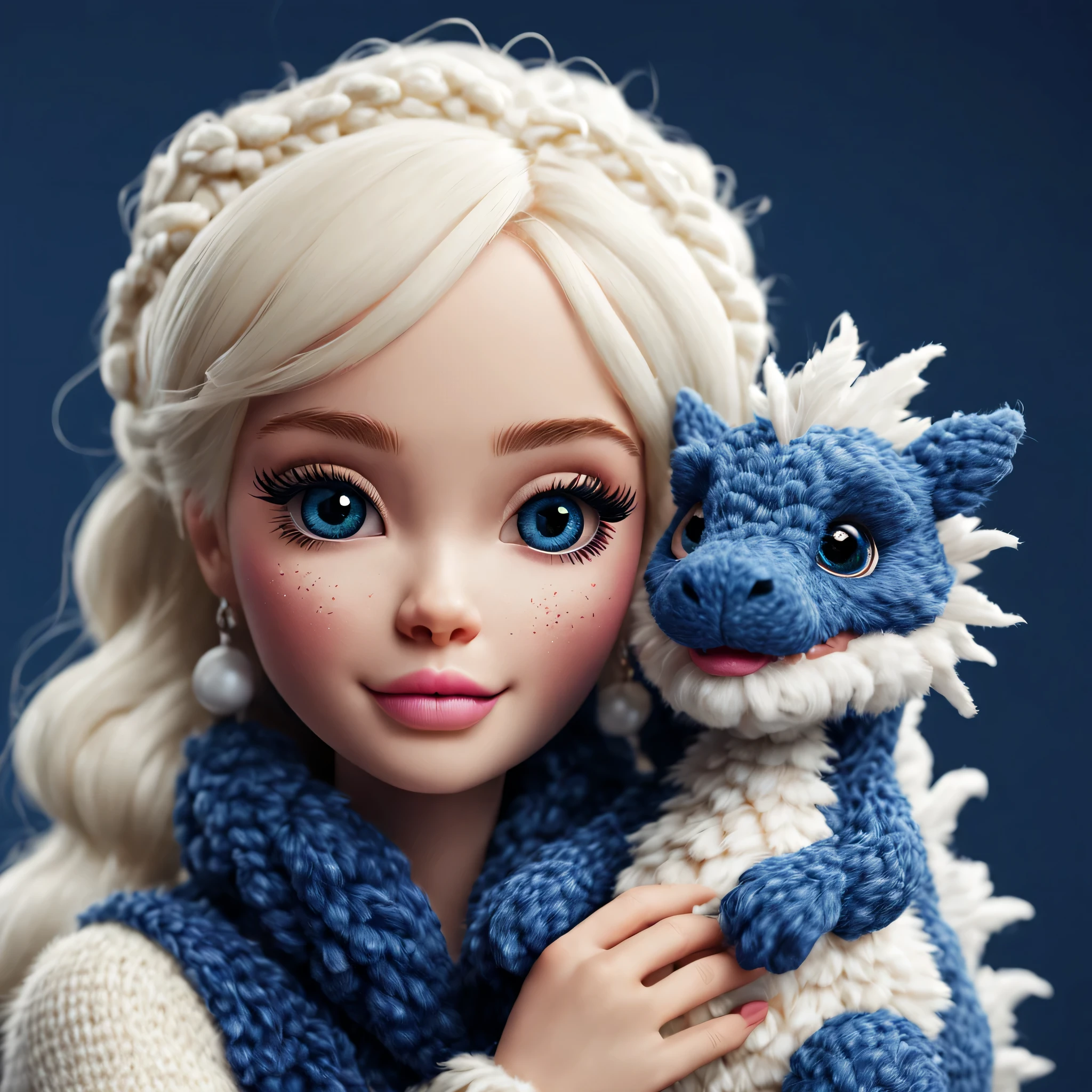 （Plush toy design），Naughty and furry cute barbie doll and little dragon，（wool craft），Fluffy ，Cute 3d rendering，Background with：Dark blue and off-white，Cute and detailed digital art，Miniature feeling，stylized 3d render，3d rendered figure art 8k，lovely digital painting，Anime style 3D，Ultra-detailed rendering