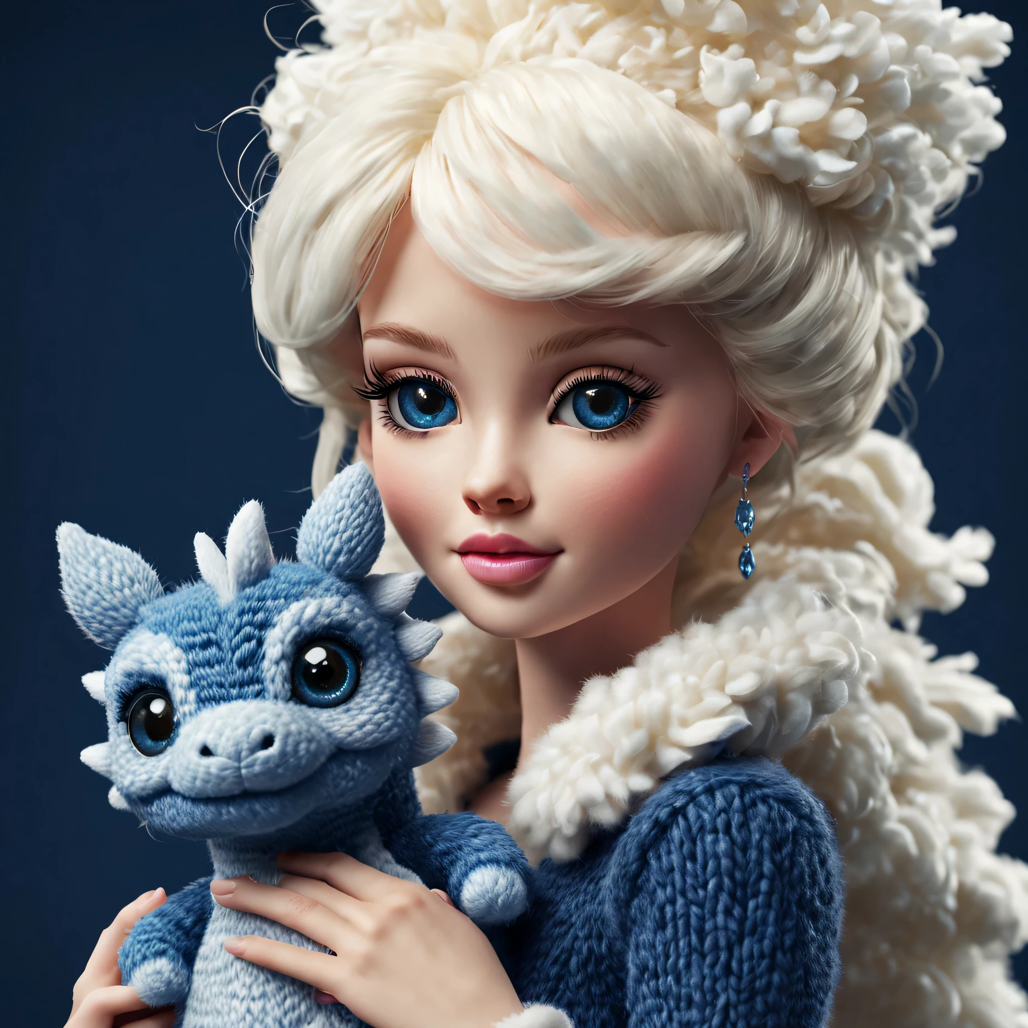 （Plush toy design），Naughty and furry cute barbie doll and little dragon，（wool craft），Fluffy ，Cute 3d rendering，Background with：Dark blue and off-white，Cute and detailed digital art，Miniature feeling，stylized 3d render，3d rendered figure art 8k，lovely digital painting，Anime style 3D，Ultra-detailed rendering