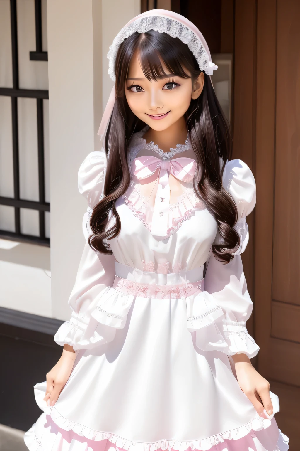(White and pink theme:1.3), (Gothic, Cute, Classic fashion:1.2), (White classic bonnet on head:1.4), (White Long Sleeve Ball Gown:1.4), (puff sleeves:1.3), ((crinoline, Multi-layer skirt) with frilld:1.4), (Lacing to the waist cincher:1.2), ((Pink ribbon, frilld):1.3), (Pink and White Argyle Pattern Over Knee Socks:1.3), (Loafers with ribbon:1.2), Straight long black hair, bangss, s lips、out makeup、short eyelashes、watching at viewers、A smile、Photorealsitic、high-level image quality、masutepiece, Best Quality, 8K, Beautie、Fine details