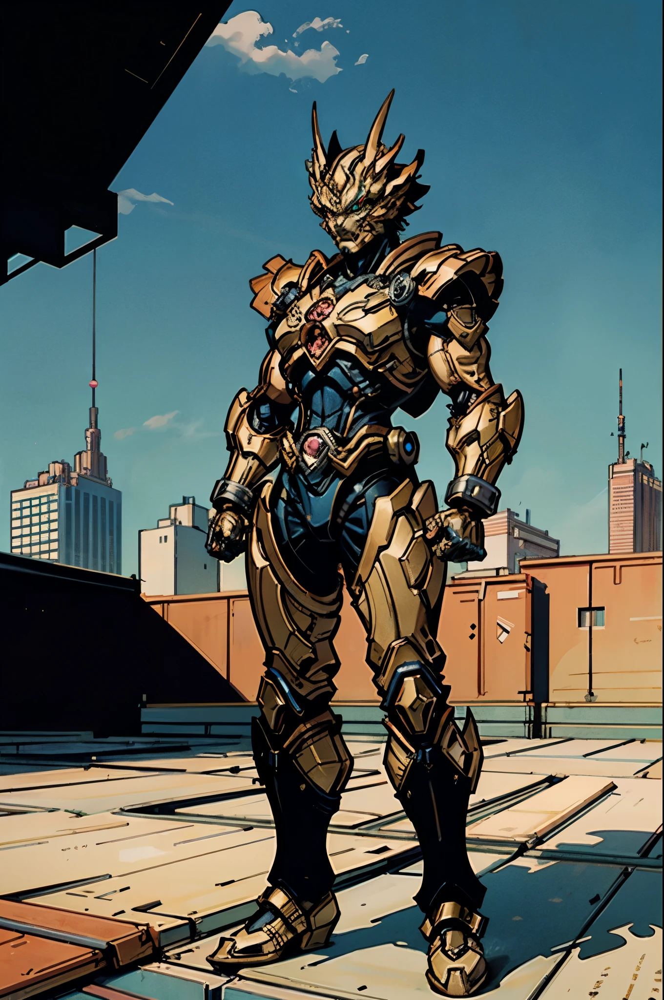 A superhero, a high-tech biotech battle suit, standing on a rooftop, looking over the city, Japanese tokusatsu and American comic style, biometallic texture of the suit, sleek and shiny, dynamic, metallic, sophisticated design, symmetrical face, extremely detailed eyes and face, high quality eyes, high definition, best quality, highres, ultra-detailed, ultra-fine painting, exquisite and mature, extremely delicate, professional, anatomically correct, creativity, UHD, HDR, 32k, Natural light, cinematic lighting, best shadow, masterpiece-anatomy-perfect, masterpiece