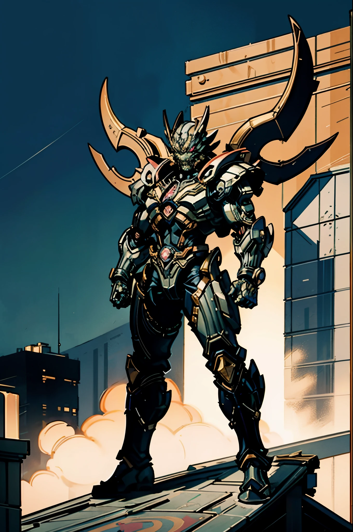 A super a high-tech biotech battle suit, standing on a rooftop, looking over the city, Japanese tokusatsu and American comic style, biometallic texture of the suit, sleek and shiny, dynamic, fast, natural light, cinematic, high quality, high resolution, high detail, sophisticated design, dramatic, high definition, ultra-detailed, ultra-fine painting, extremely delicate, creativity, Natural light, cinematic lighting, best shadow, masterpiece-anatomy-perfect