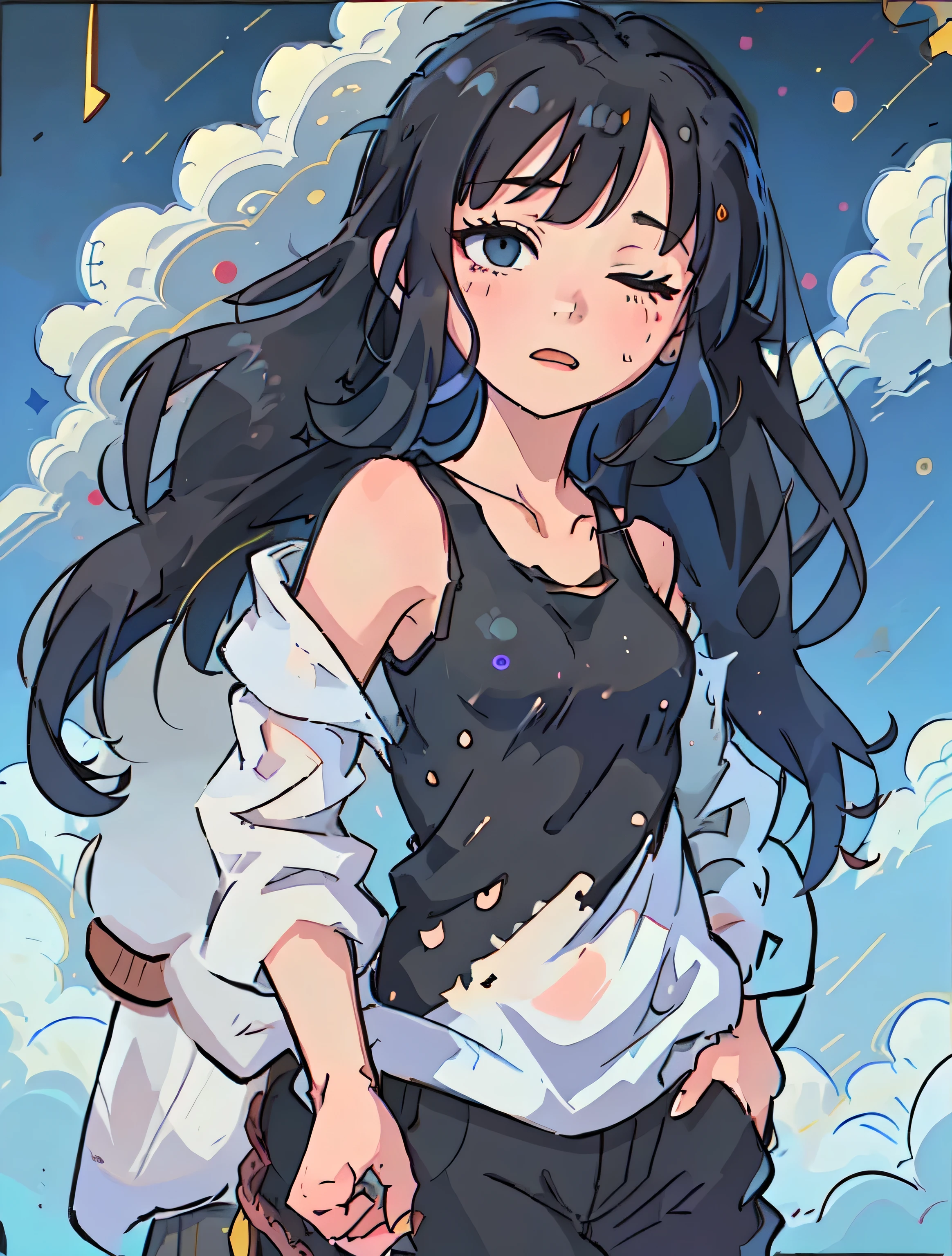 强调女孩Pray to the sky的场景. one-girl. Pray to the sky. Medium length black hair，With his eyes closed. Description of a girl wearing a tank top and slacks, Highlight her casual style. Describe the look on her face when she prays, May depict piety or contemplation. depict an open sky, There may be clouds or starry nights, to highlight the atmosphere of prayer.