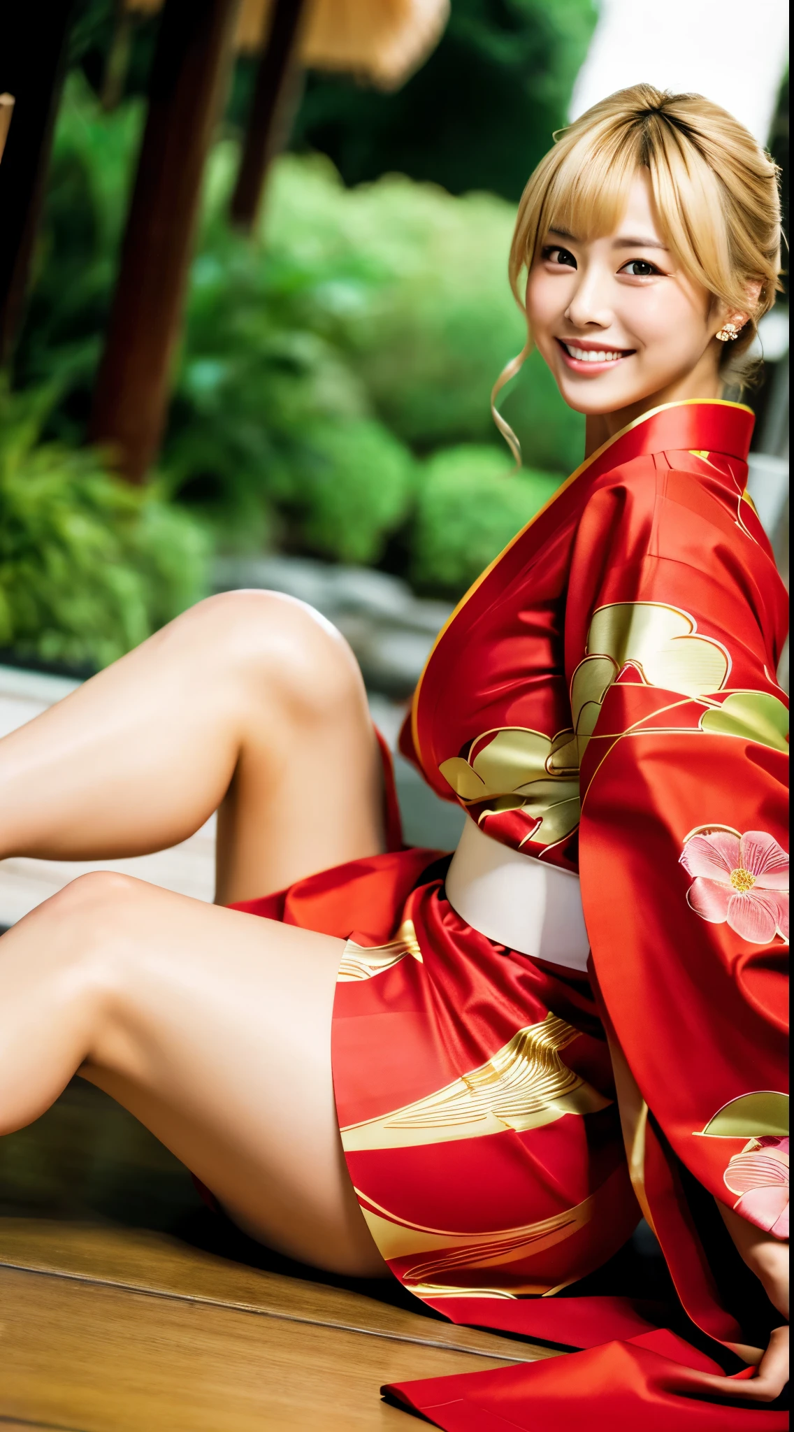 hightquality,8K,high-level image quality,A Japanese Lady,1 personality,A smile,tall,thick plump thighs,Realistic texture,Face in Focus,Muchimuchi,a blond,(red kimono1.8,GOLD line),