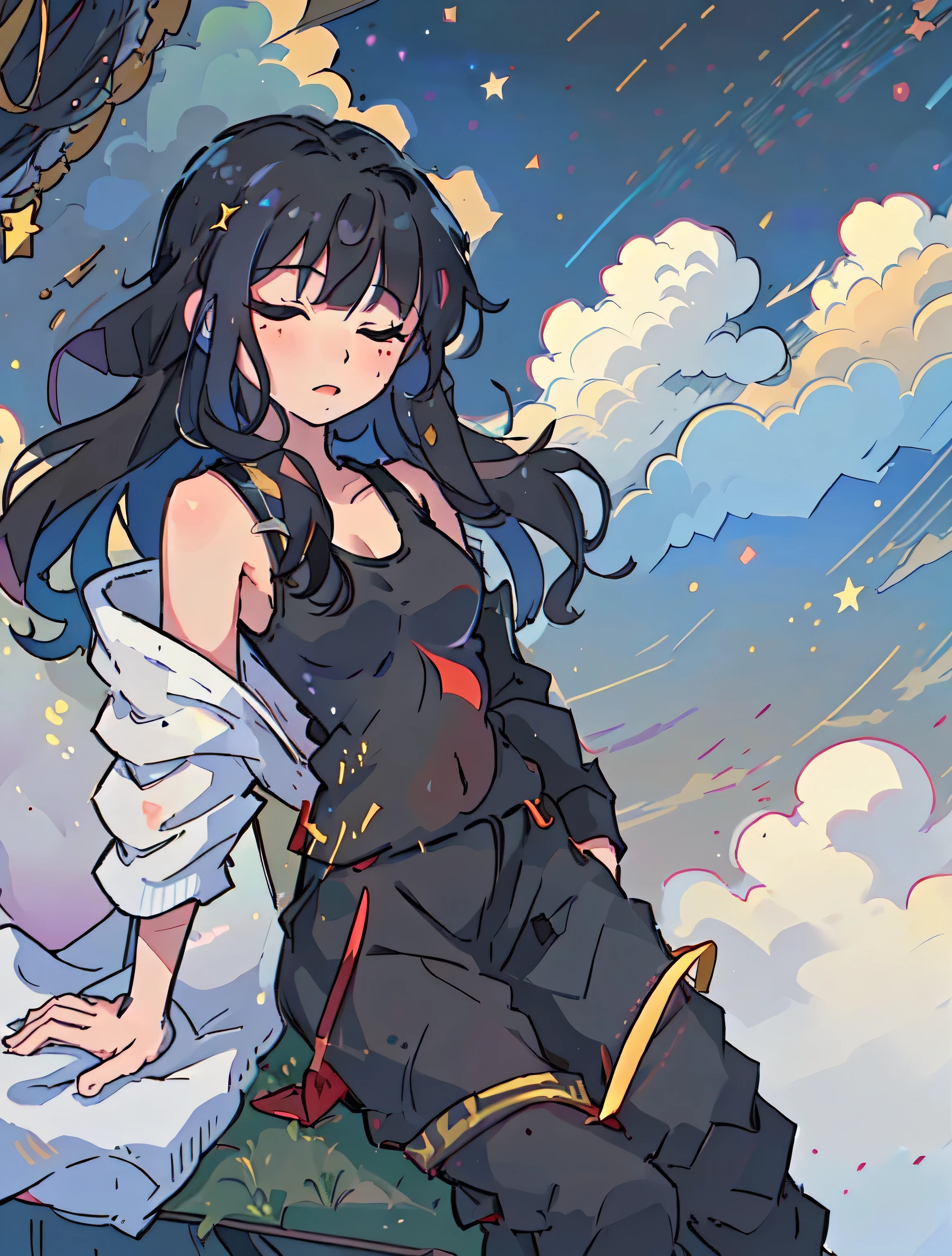 强调女孩Pray to the sky的场景. one-girl. Pray to the sky. Medium length black hair，With his eyes closed. Description of a girl wearing a tank top and slacks, Highlight her casual style. Describe the look on her face when she prays, May depict piety or contemplation. depict an open sky, There may be clouds or starry nights, to highlight the atmosphere of prayer.