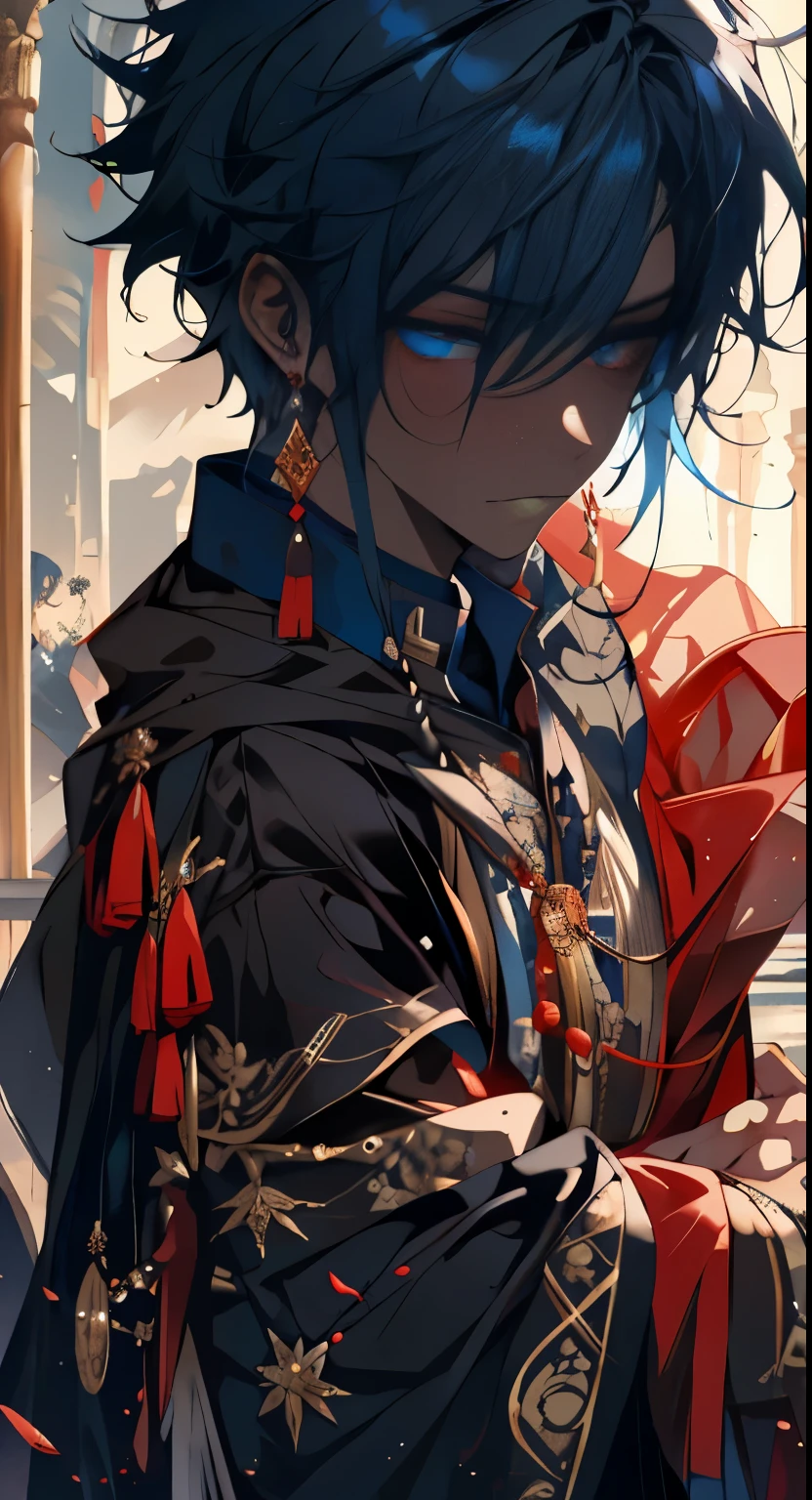 1 boy, {{{amazing quality, {very aesthetic},Beautiful detailed eyes,((8K))}}}, Black hair, strange red and blue eyes, in desert, a wizard,1 boy, Dark skin (jewels and dark focus