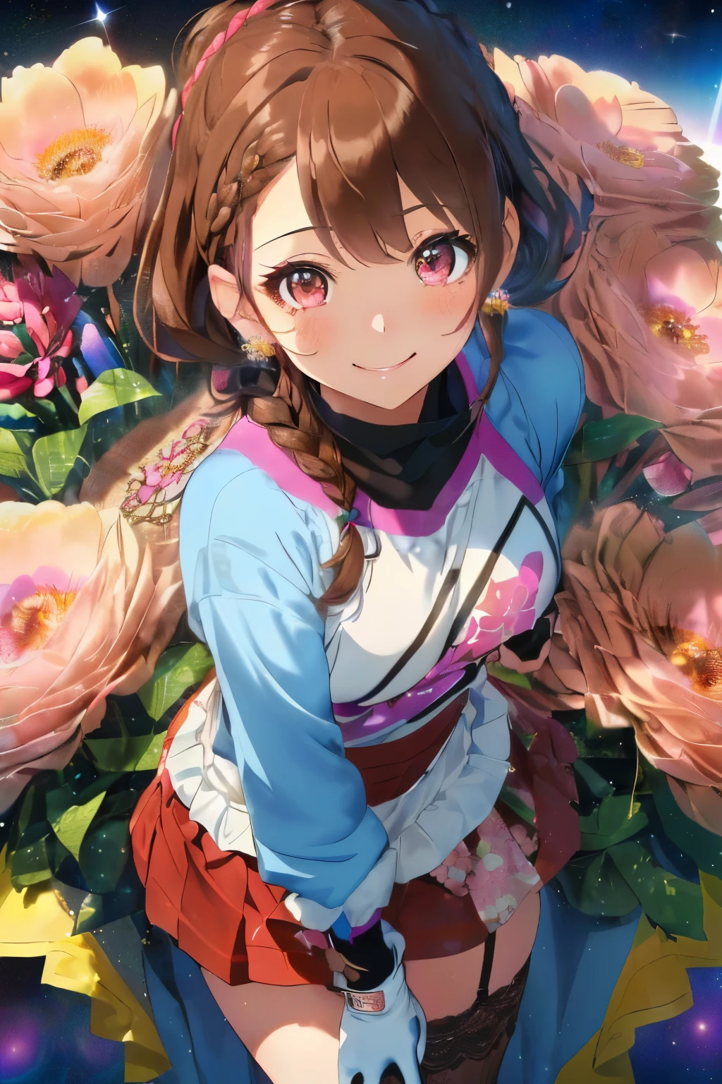 (Brown hair),(Braided shorthair),(With bangs),(Brown eyes:1.25),Slight red tide,(Her eyes are sparkling:1.2),(Eye size:1.7),(gloves:1.5),(messy and messy hair:1.2),(voluminous clothes with cute designs:1.4),(active movement:1.4),(place々Idol clothes with lace:1.3),(Asymmetrical skirt:1.25),(Happy smile:1.1),(Smiling smile:1.15),(A space full of flowers:1.25),(Accessories shaped like flowers or colored tape:1.3),(close up of face:1.25),(キラキラ輝く華やかな雰囲気の場place),(warm winter coat:1.3),(muffler:1.3),(Have a large bouquet:1.35),