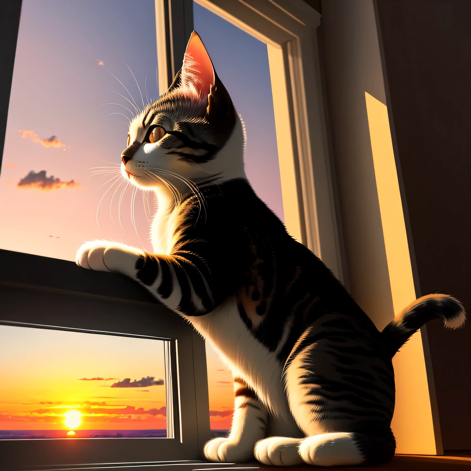 A cat watching the sunset by the window