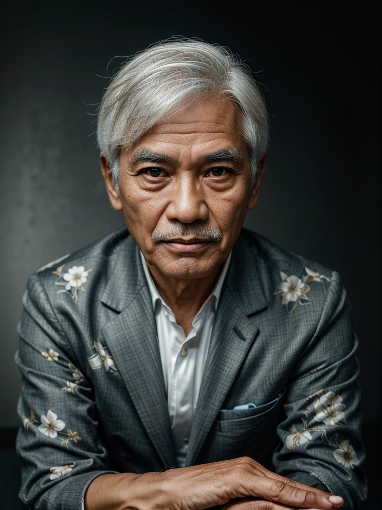 Potrait of a 80 years-old Indonesian Man, White Hair, Reassemble Masterpiece of Creation, HyperRealistic Facial Features, (Sitting Pose), Close-up Shot, (He is Wearing a Suit), with Professional Make-up, Taken on a Studio with Black Floral Pattern Backgrounds, Backdrop Lights, Dual Exposure, Capture by Hasselblad X1D II 50C, Medium Format Camera combine with Hasselblad XCD 80mm f/1.9, ISO 100, 1/60. An aperture setting of f/2.8