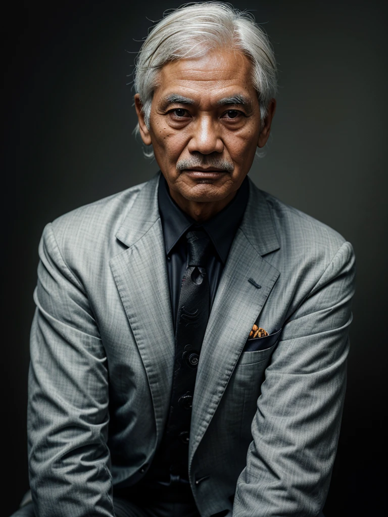 Potrait of a  80 years-old Indonesian Man, White Hair, Reassemble Masterpiece of Creation, HyperRealistic Facial Features, (Sitting Pose), Close-up Shot, (He is Wearing a Suit), with Professional Make-up, Taken on a Studio with Black Floral Pattern Backgrounds, Backdrop Lights, Dual Exposure, Capture by Hasselblad X1D II 50C, Medium Format Camera combine with Hasselblad XCD 80mm f/1.9, ISO 100, 1/60. An aperture setting of f/2.8