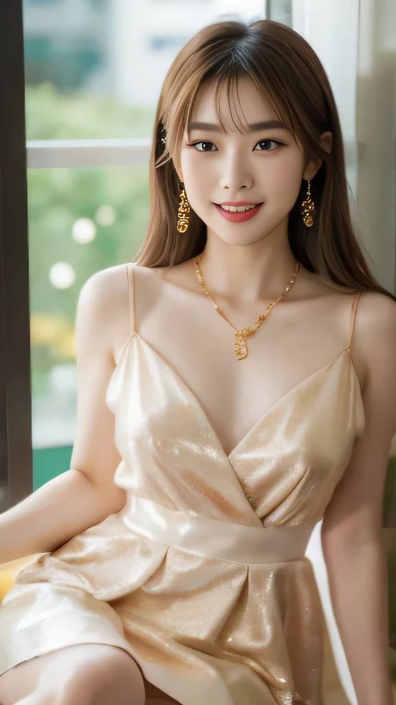 arafed Asian people woman in a dress sitting on a window sill, cute women, beautiful Asian people woman, elegant gold body, beautiful Korean women, an Asian people woman, gorgeous young korean woman, beautiful Asian people girl, beautiful young korean woman, wearing a gold chain, gorgeous chinese models, smooth golden skin, beautiful young Asian people woman, Asian people, elegant smiling pose, Attractive woman