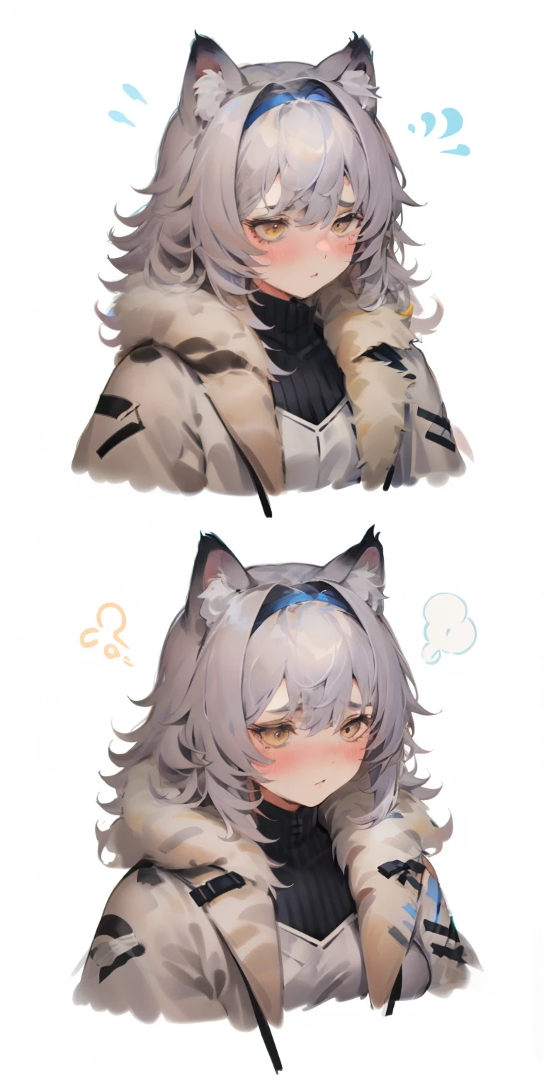 (sketch drawing), (old art style), (1girl), (blushing cheeks), (without emotions:1.3), (pallas's cat ears), (gray hair), (thick fluffy hair), (medium hair), ( thick gray fur pallas's cat coat), ((cold))