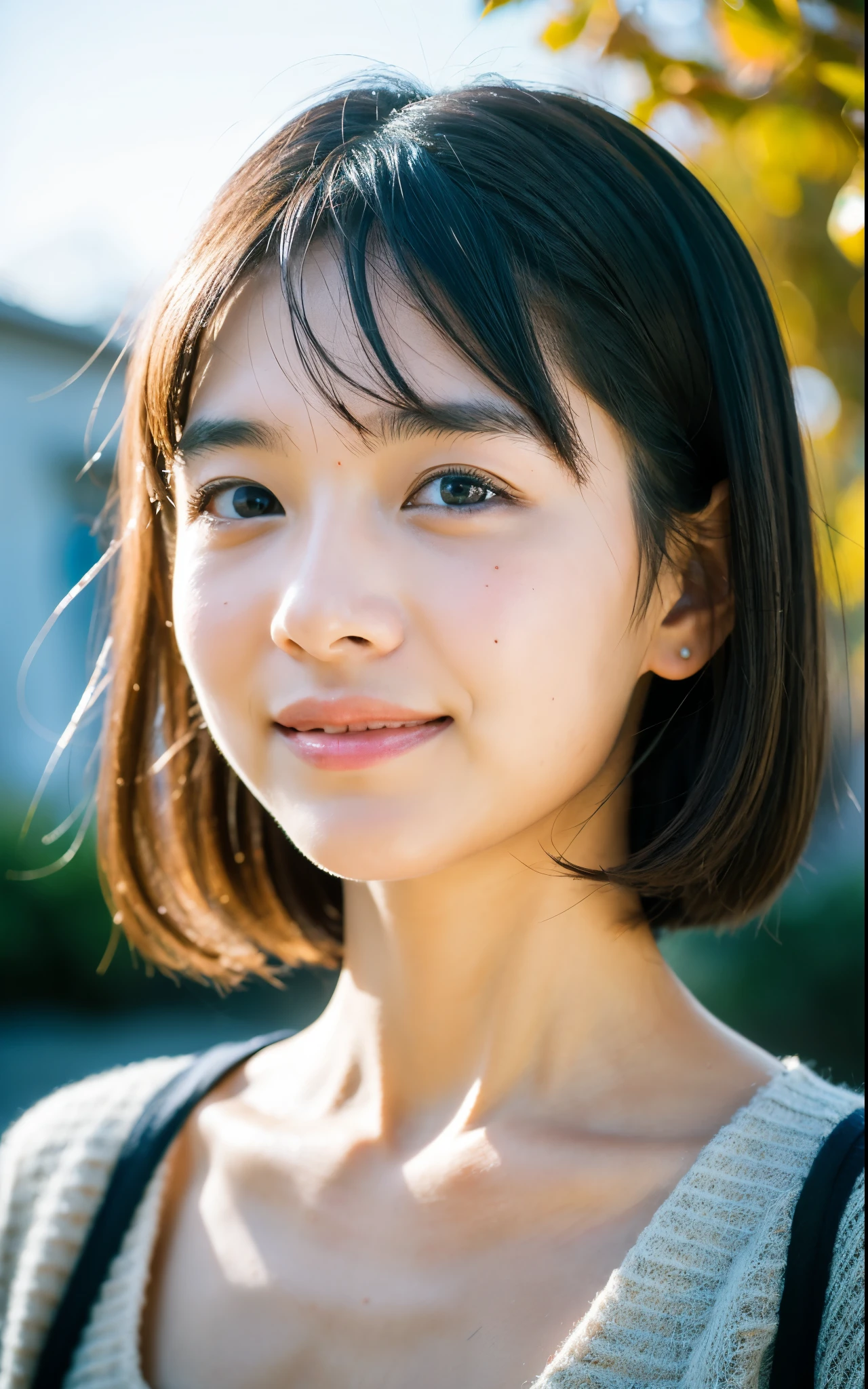 masutepiece, Best Quality, 8K, 1girl in, Good Hand, 14 yo, close up of face, Lively, Active, Life Force, Luminescent, Looking away, Raw photo, F/1.8, 135 mm, NIKON, Anatomically correct, Bokeh,Textured skin, Professional Photography, Portrait, Soft light, Professional Lighting, Solo, (Smile), Cute, Girly, boobs film grain, (Eyes and faces with detailed:1.0), Brown hair, Short hair swaying in the wind, Bangs